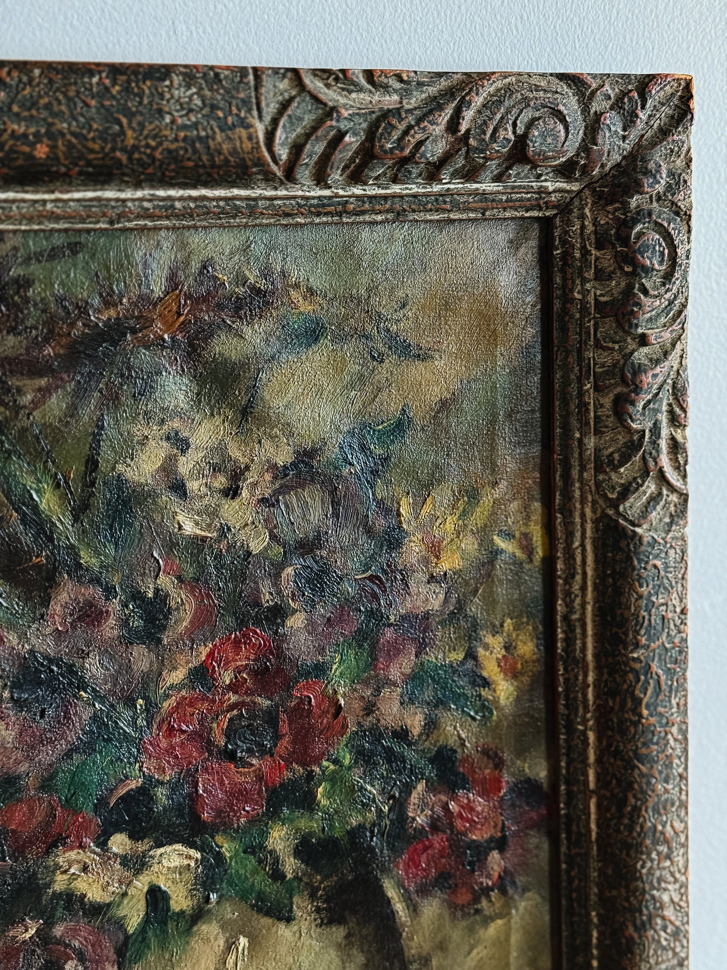 Antique Belgian Oil Painting, Moody Florals (1920)