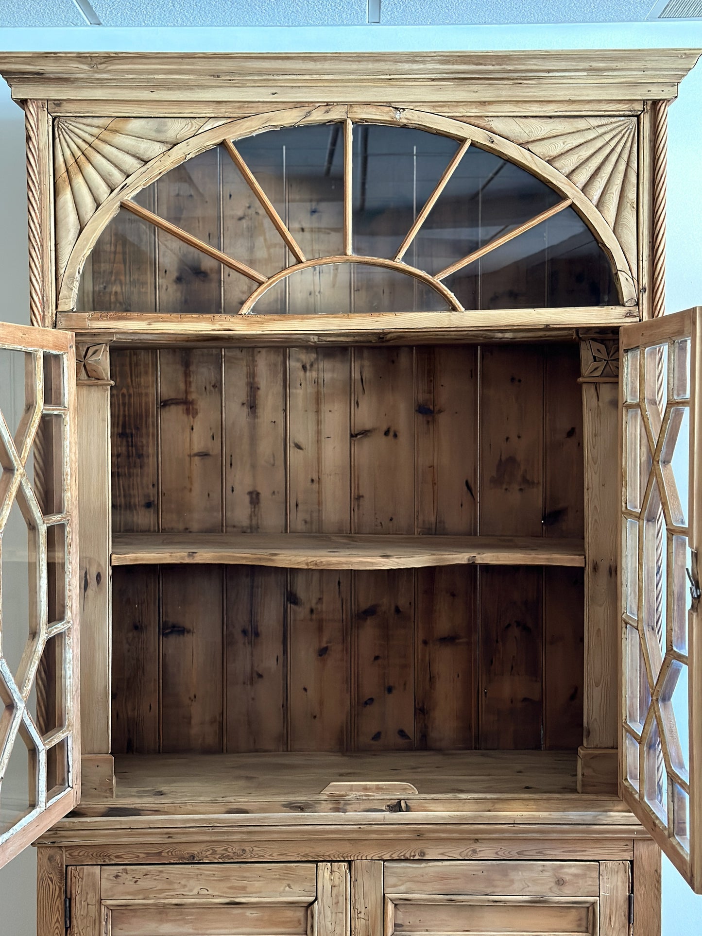 Antique English Pine Glass Cupboard/Hutch