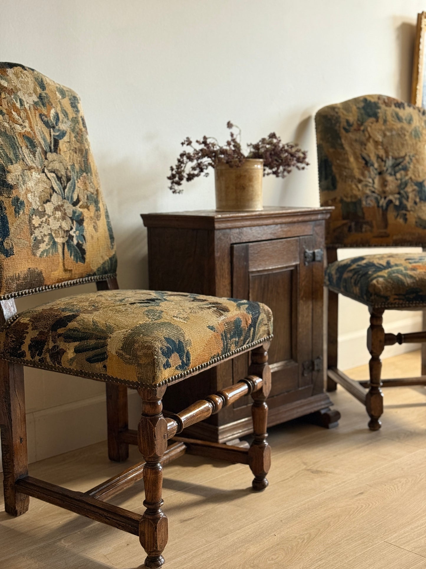Pair of Two Antique 18th Century French Aubusson Tapestry Chairs