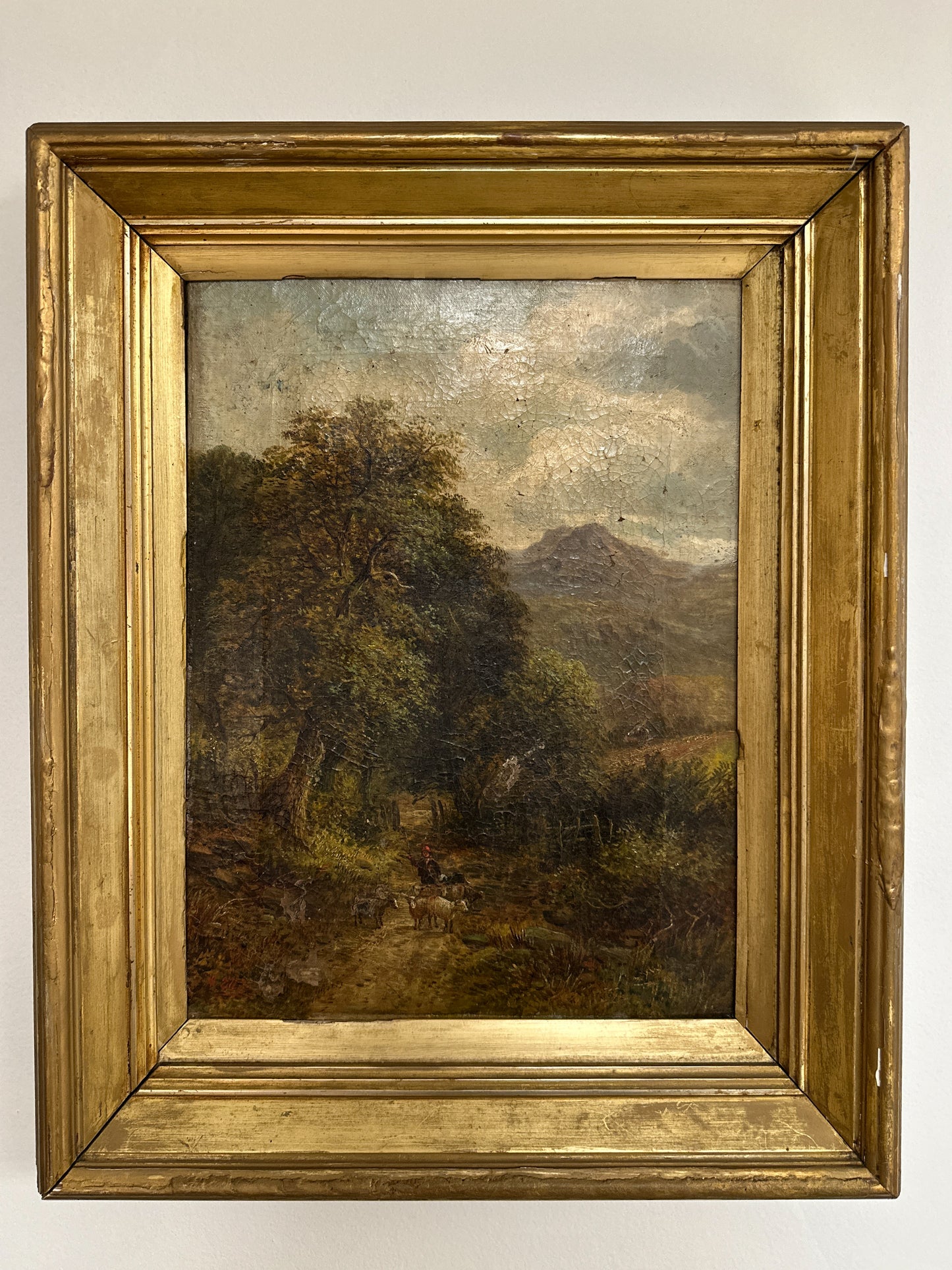 Original Antique English Oil Painting, W. ELLIS Sheep on Country Road