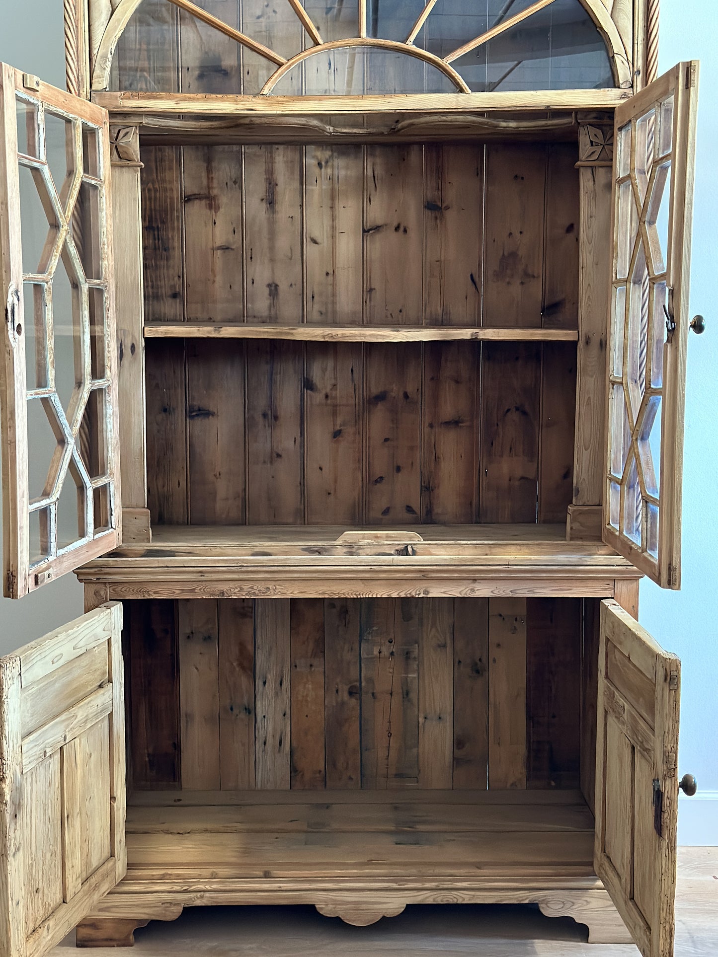 Antique English Pine Glass Cupboard/Hutch