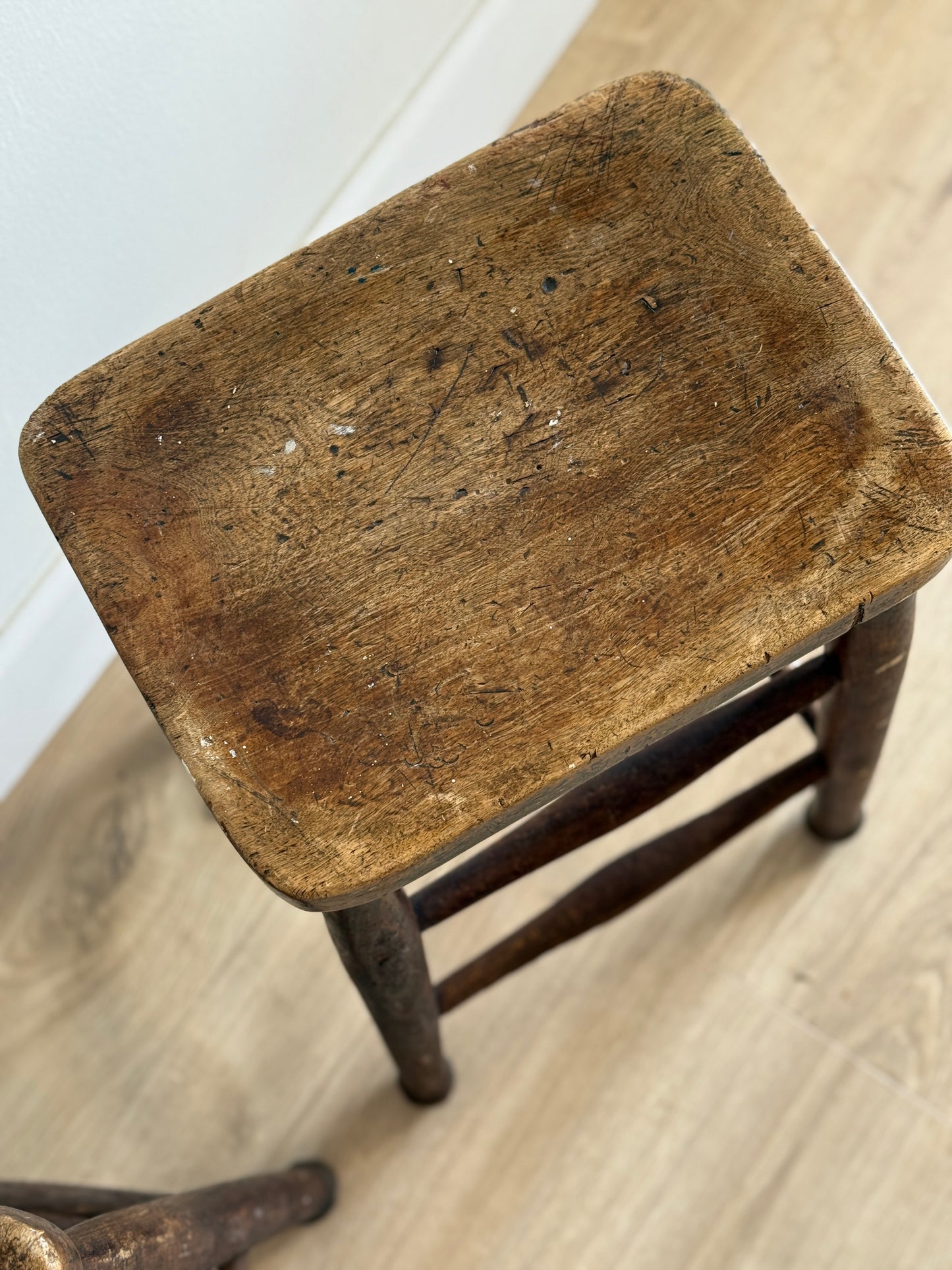 Set of Two Antique English Oak Stools (late 1800s)