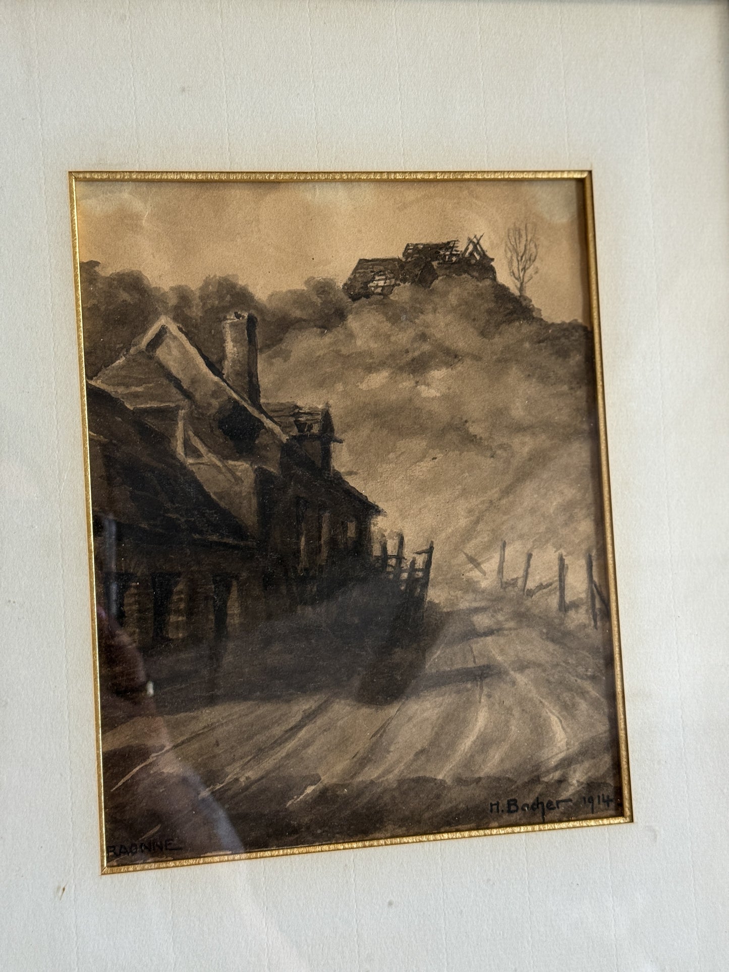 Antique Framed French Watercolor (c.1914)