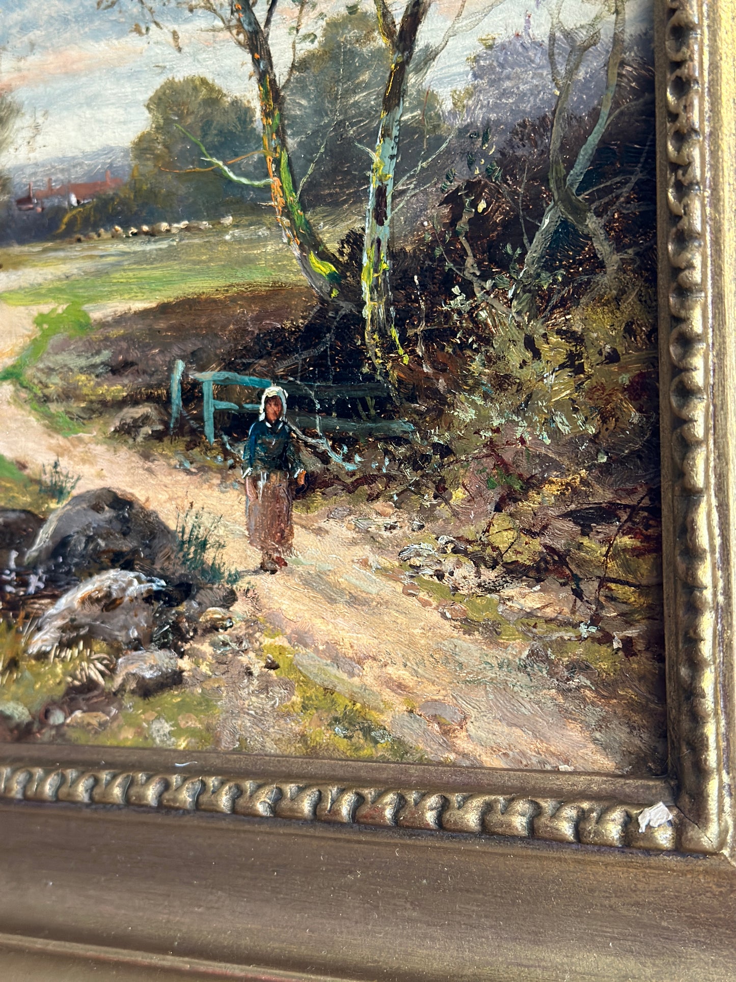 19th Century Original British Oil Painting, Geese/Ducks by a Cottage Pond, Joseph Thors