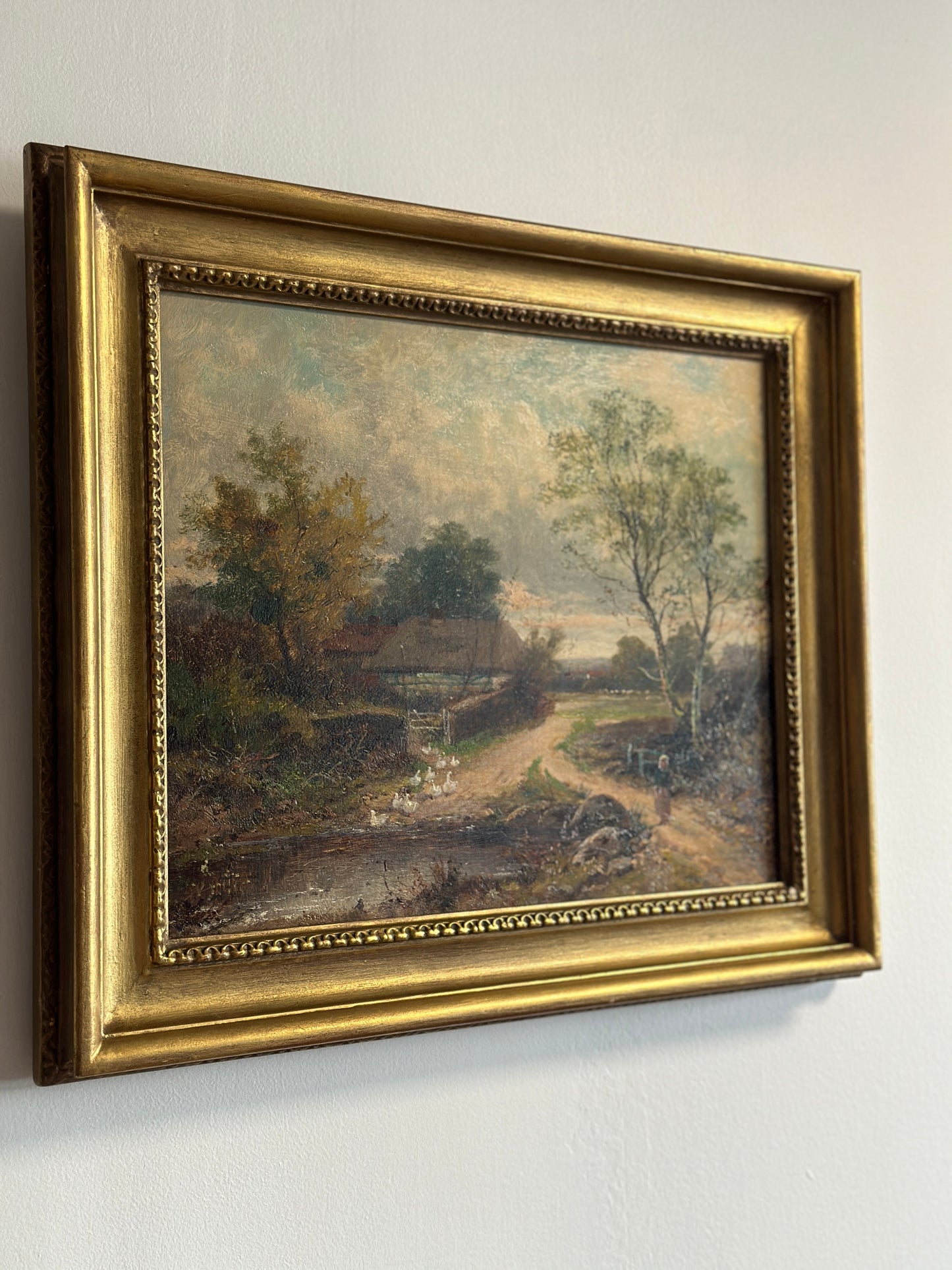 19th Century Original British Oil Painting, Geese/Ducks by a Cottage Pond, Joseph Thors