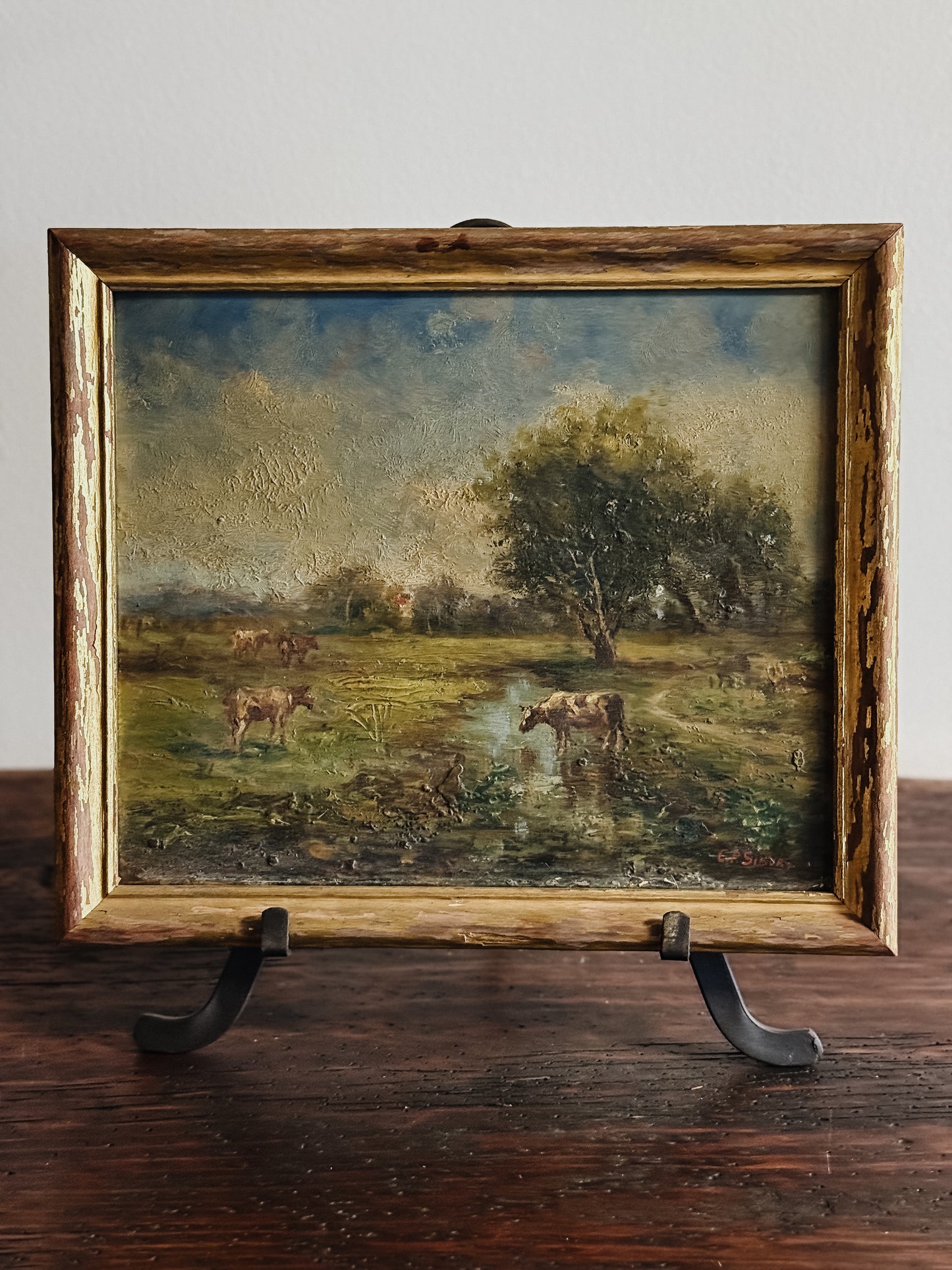 Original Antique Oil Painting, Creekside Grazing Cows