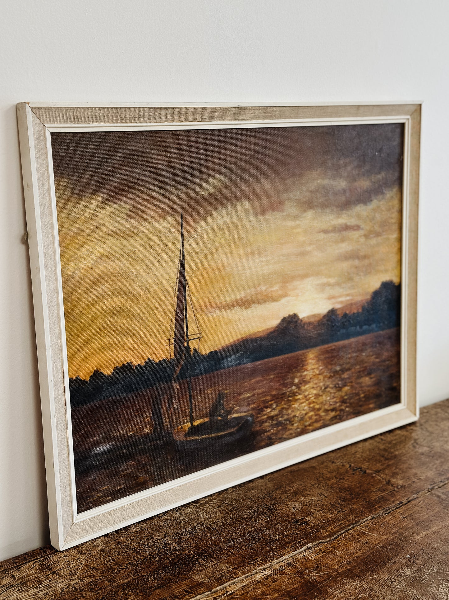 Vintage Original European Oil Painting, Sunset Sailboat Scene