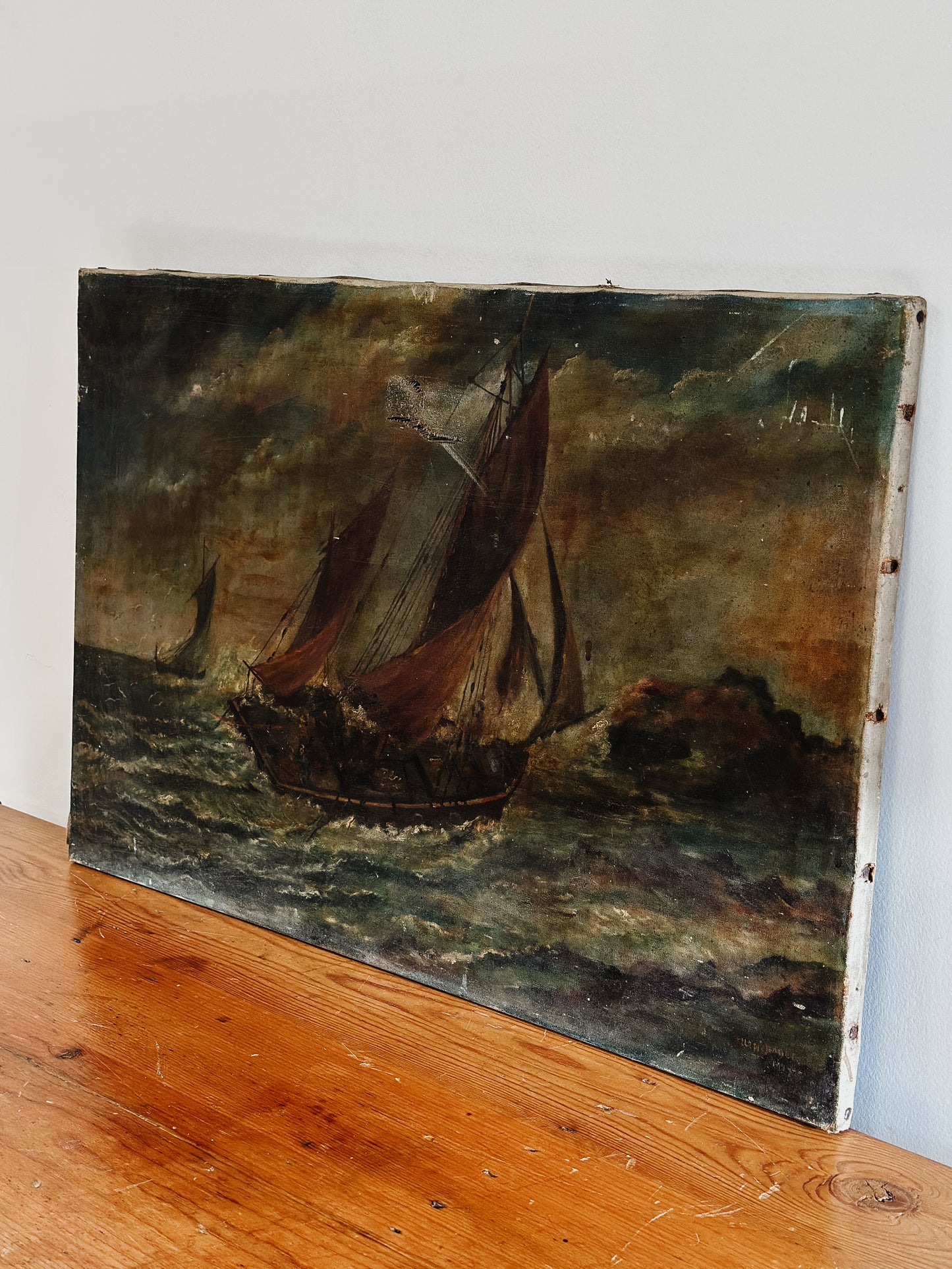 Original Antique British Oil Painting, Primitive Seascape