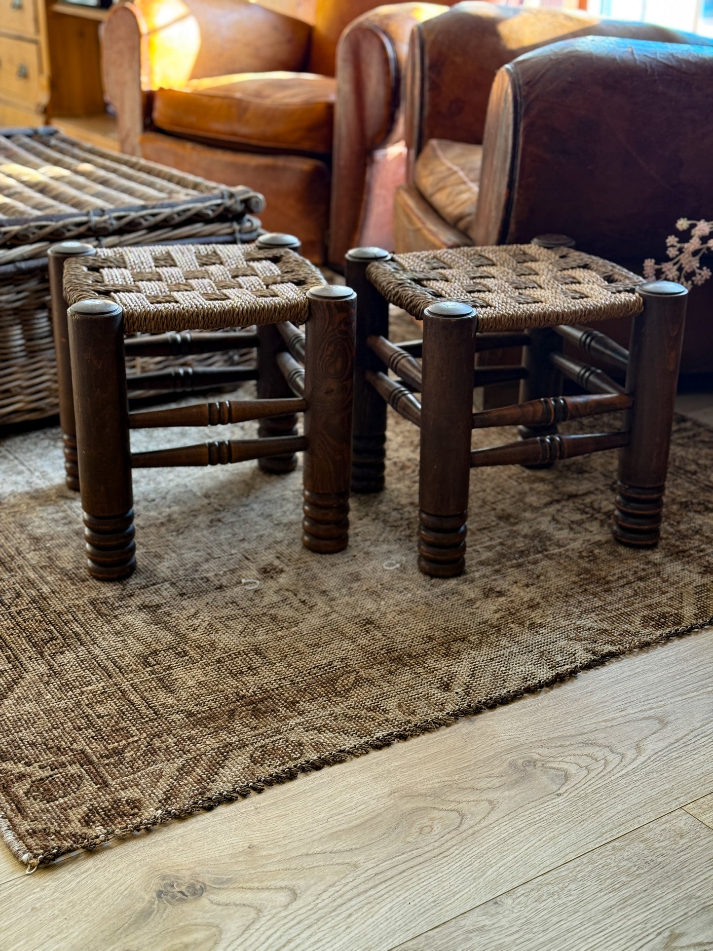 Pair of Charles Dudouyt Stools with Woven Rush Seats