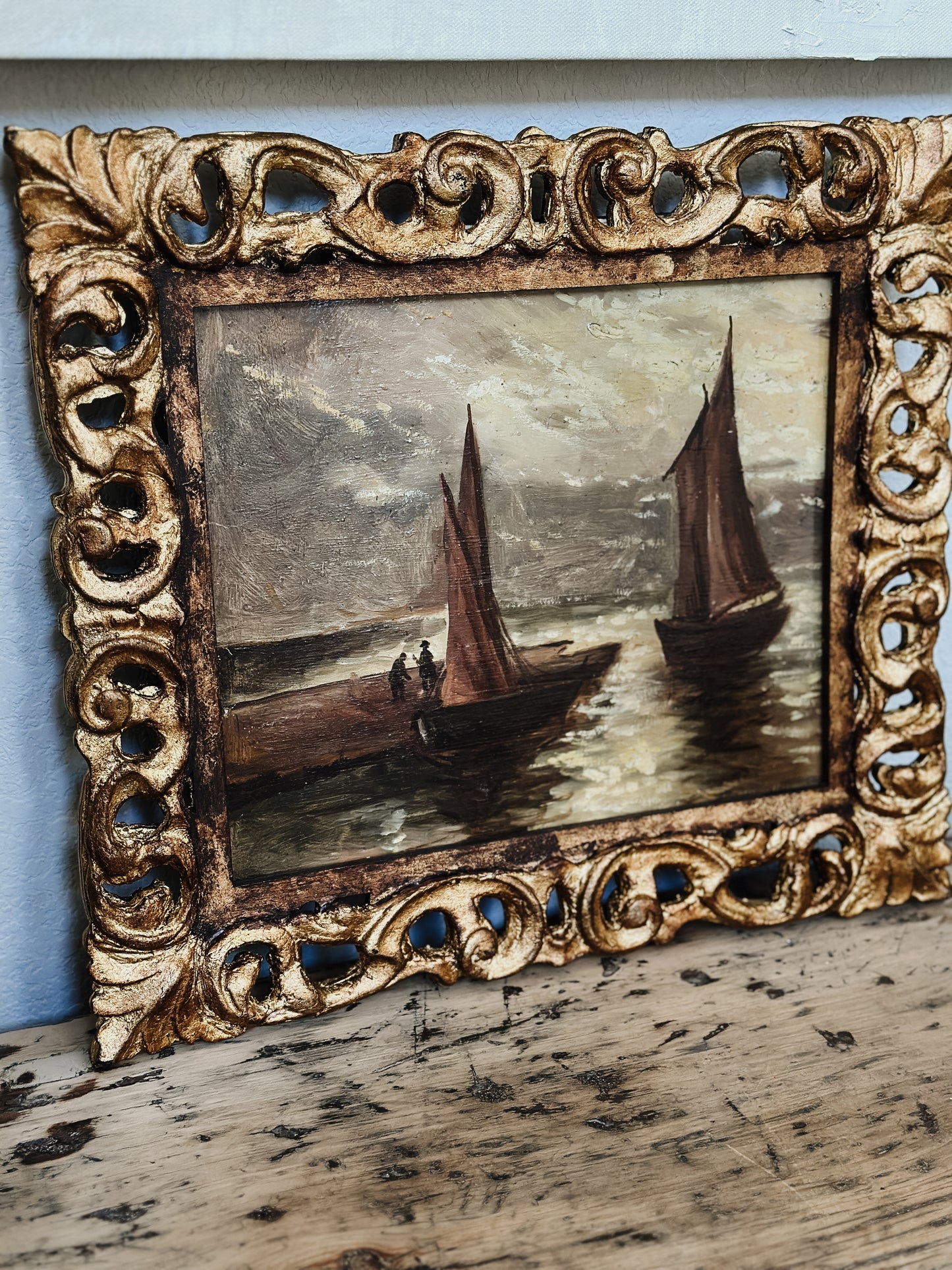 Antique Painting, Sailboats at Sea