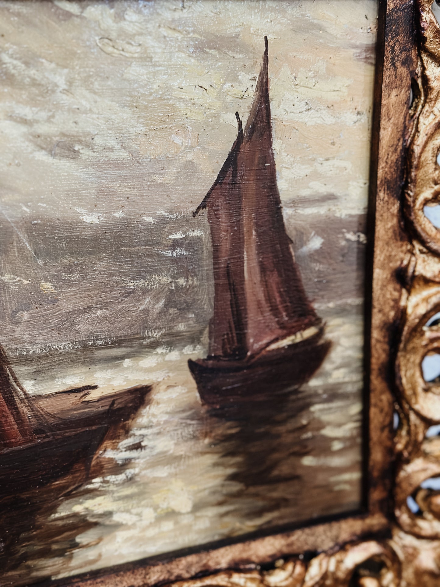 Antique Painting, Sailboats at Sea