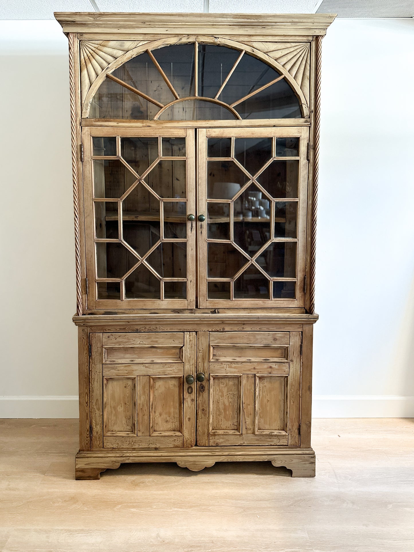 Antique English Pine Glass Cupboard/Hutch