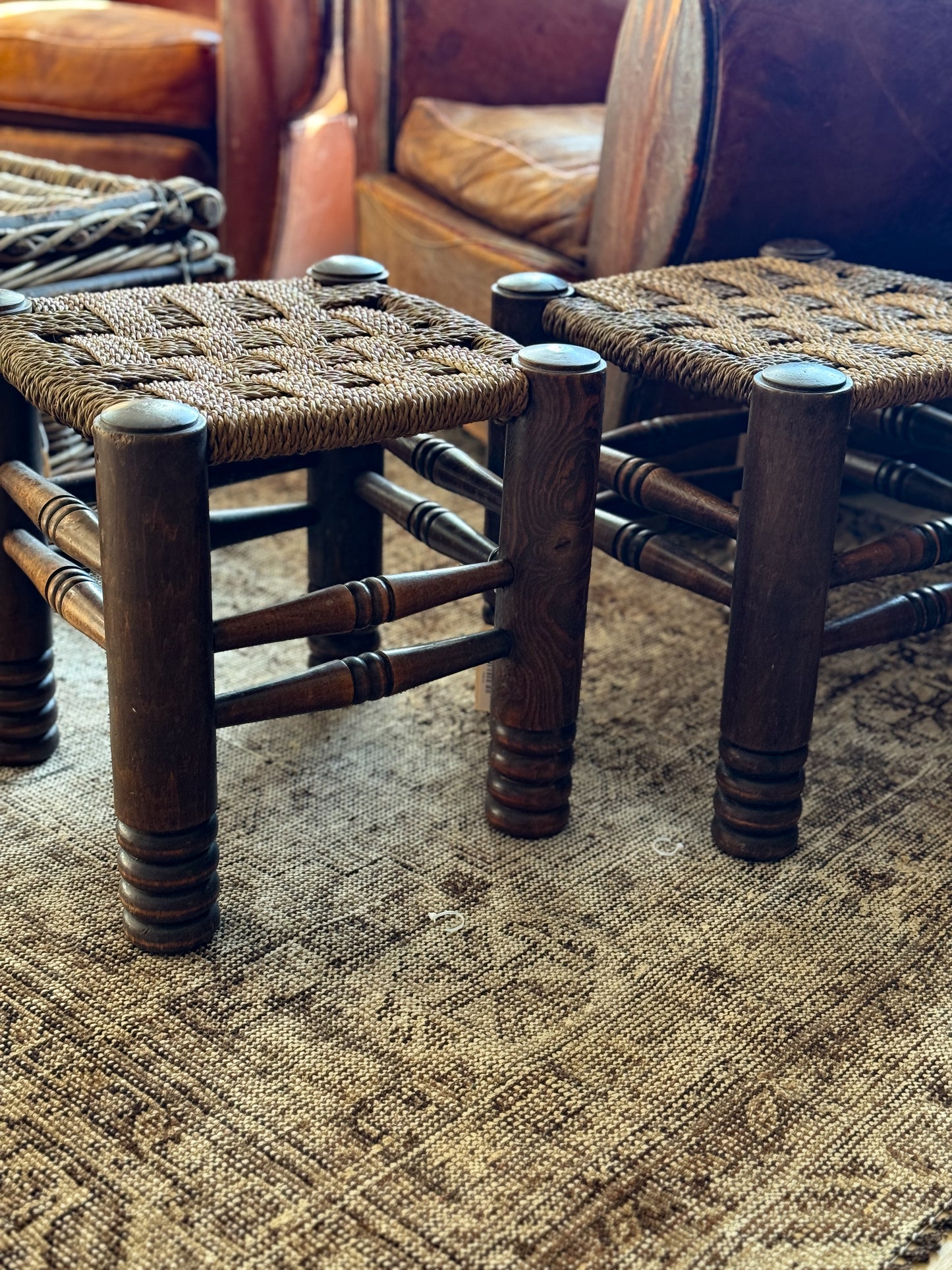 Pair of Charles Dudouyt Stools with Woven Rush Seats
