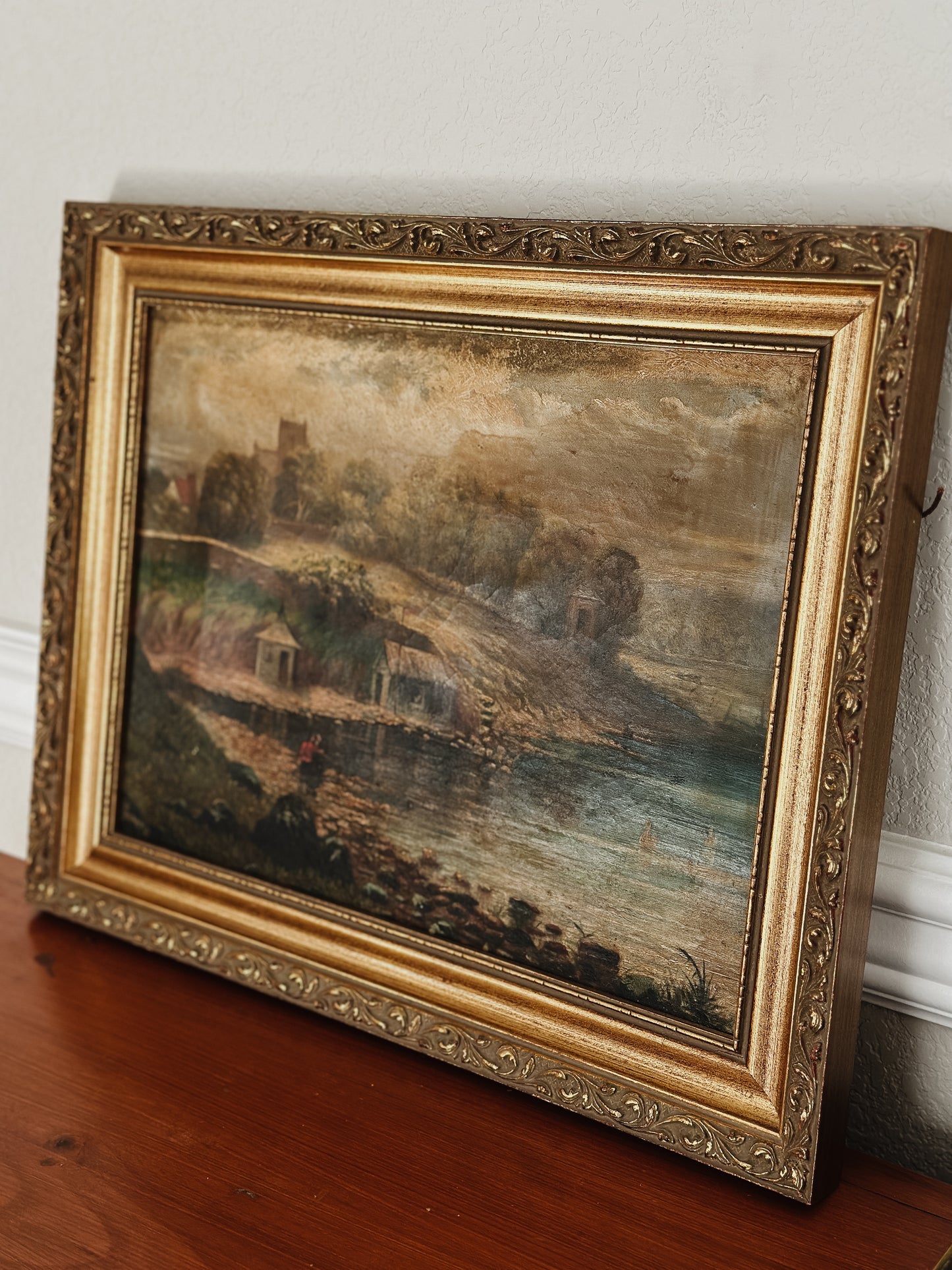 Original Antique Oil Painting, Moody River Landscape by Grant c.1891