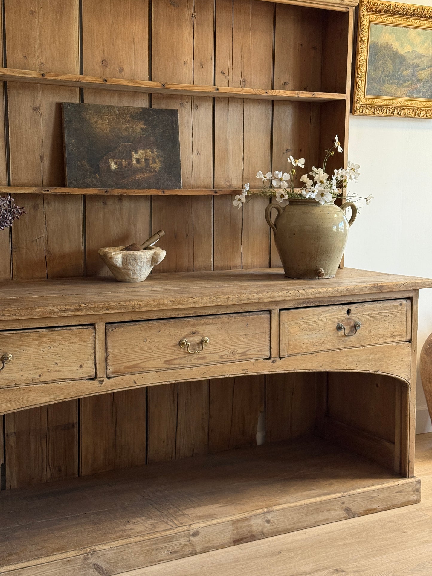 Large Antique English Pine Stepback Hutch