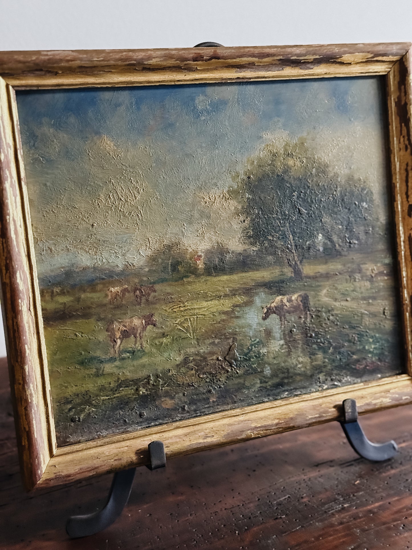 Original Antique Oil Painting, Creekside Grazing Cows