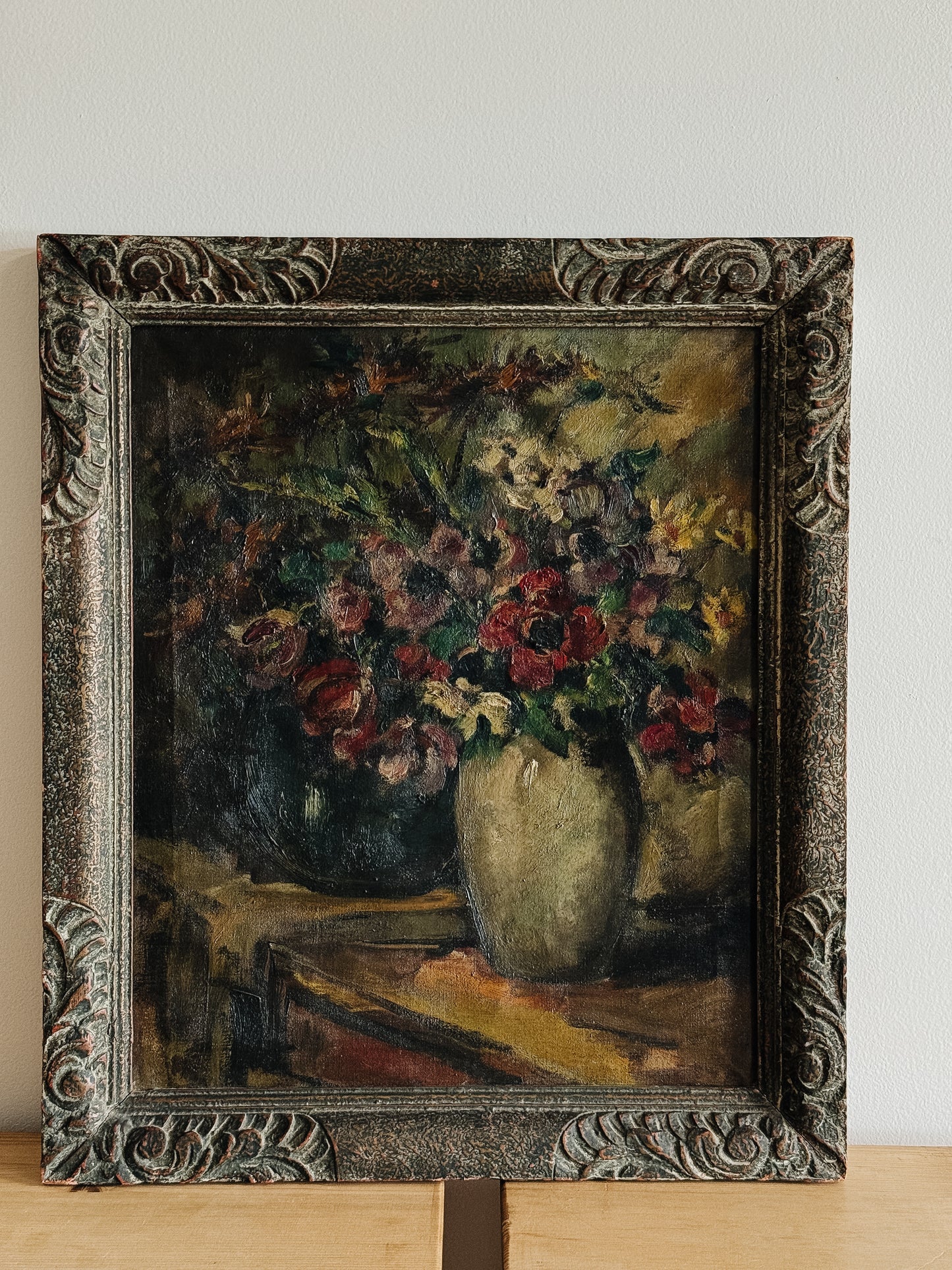 Antique Belgian Oil Painting, Moody Florals (1920)