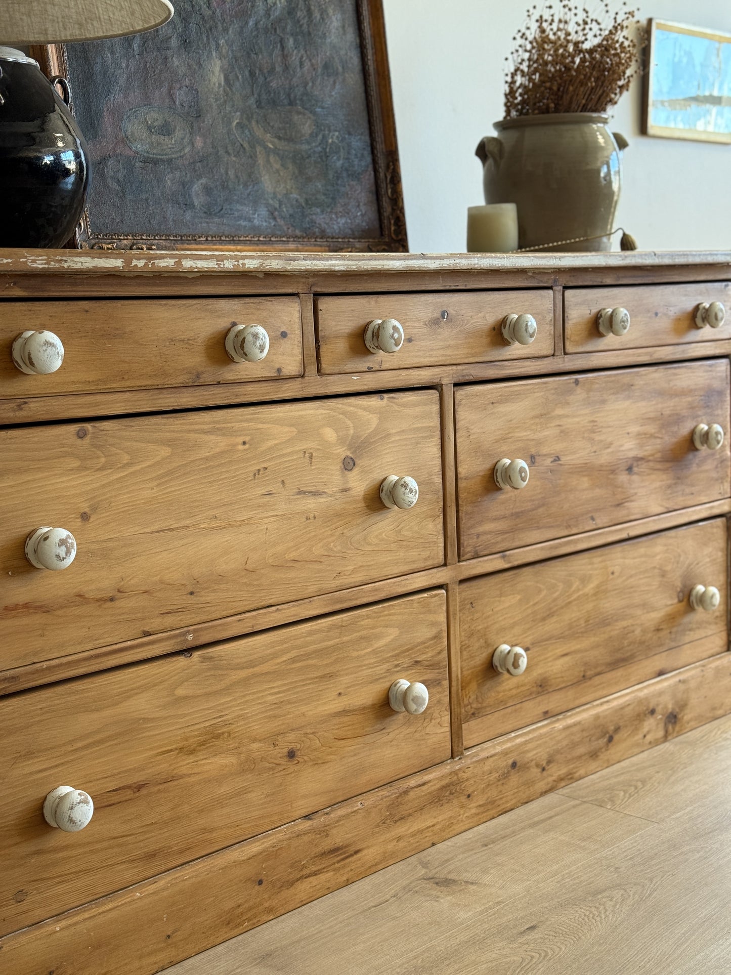 Antique English Pine Bank of Seven Drawers/Sideboard