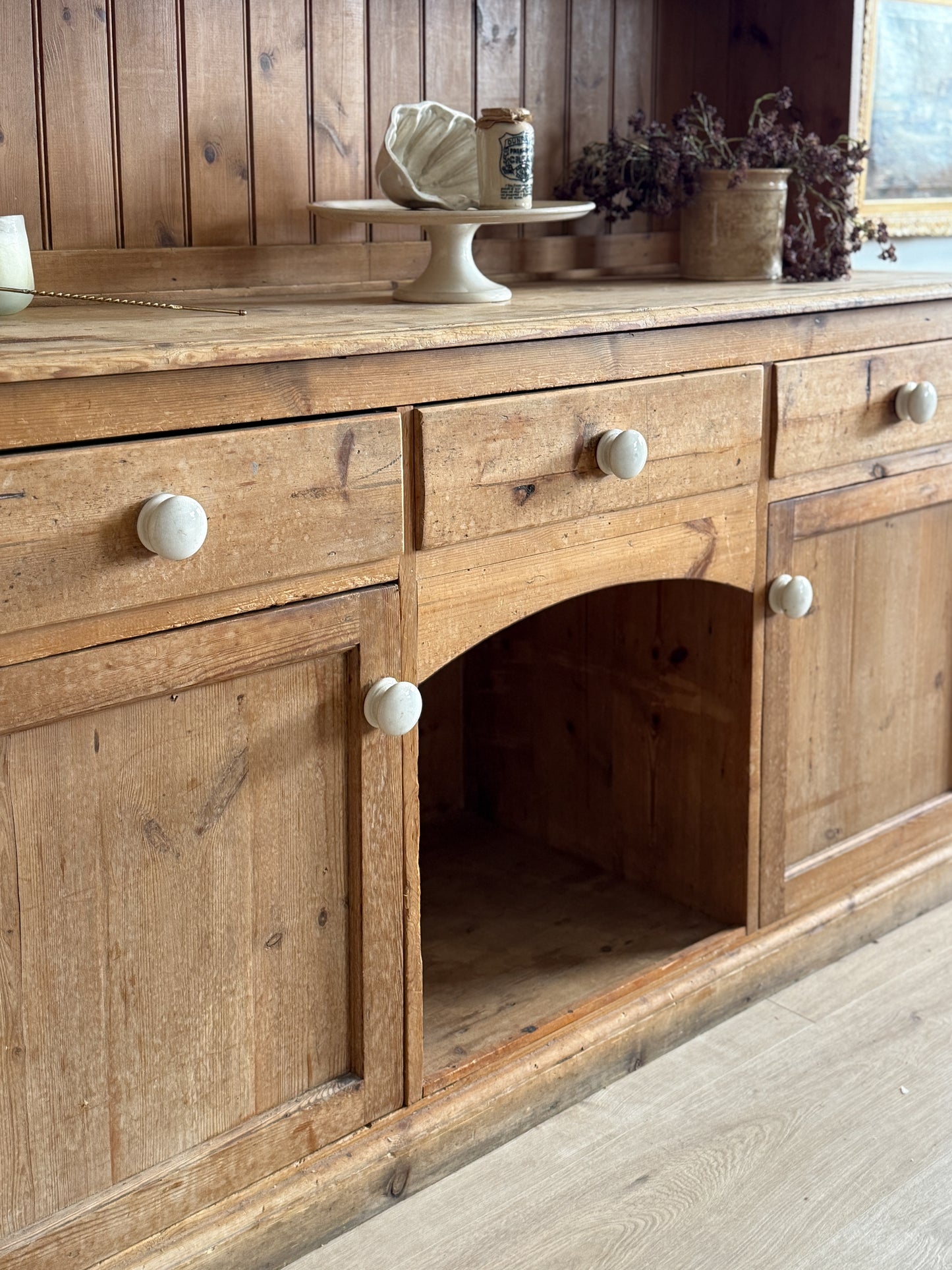Antique English Pine Stepback Hutch with Kennel