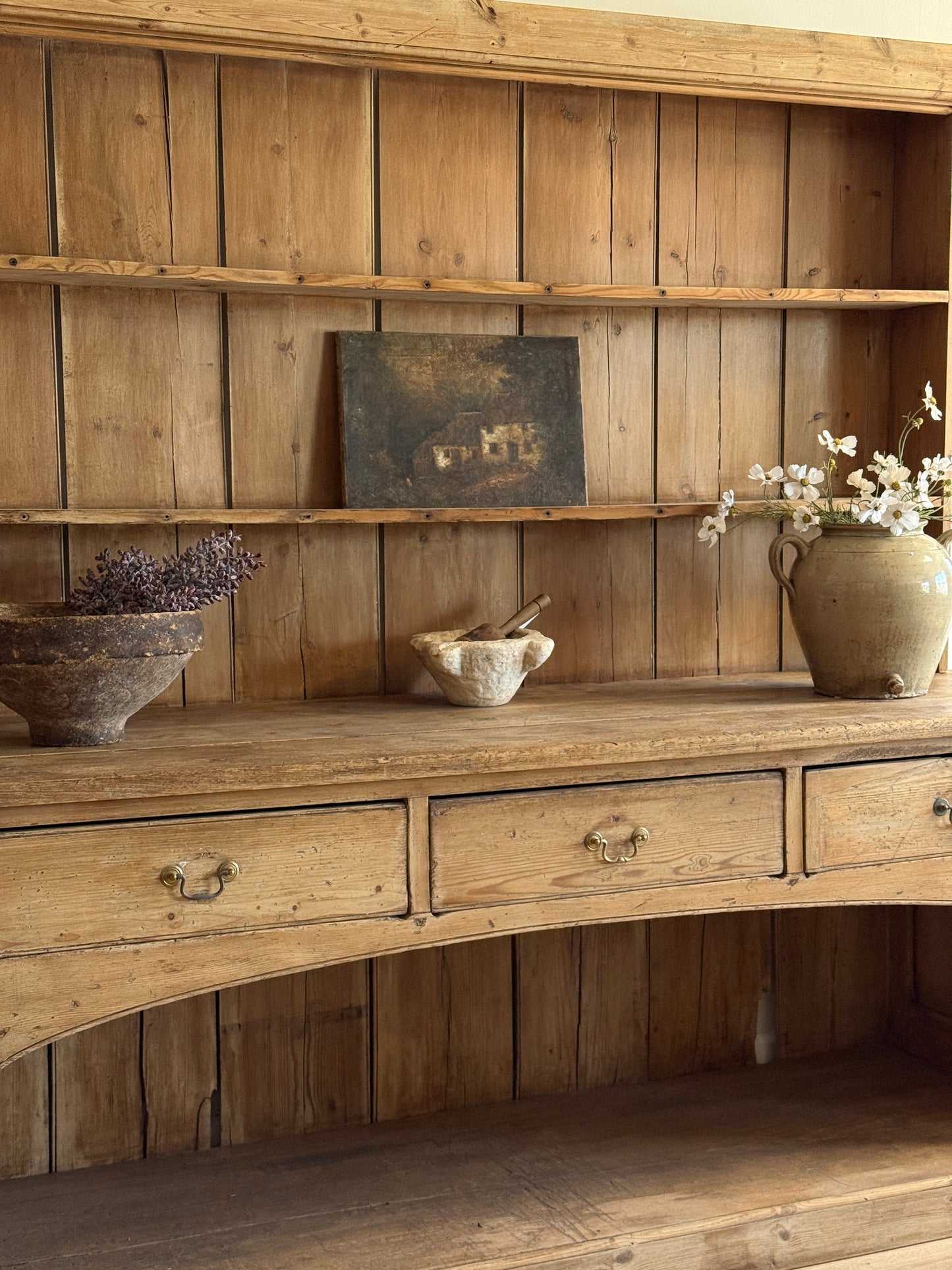 Large Antique English Pine Stepback Hutch