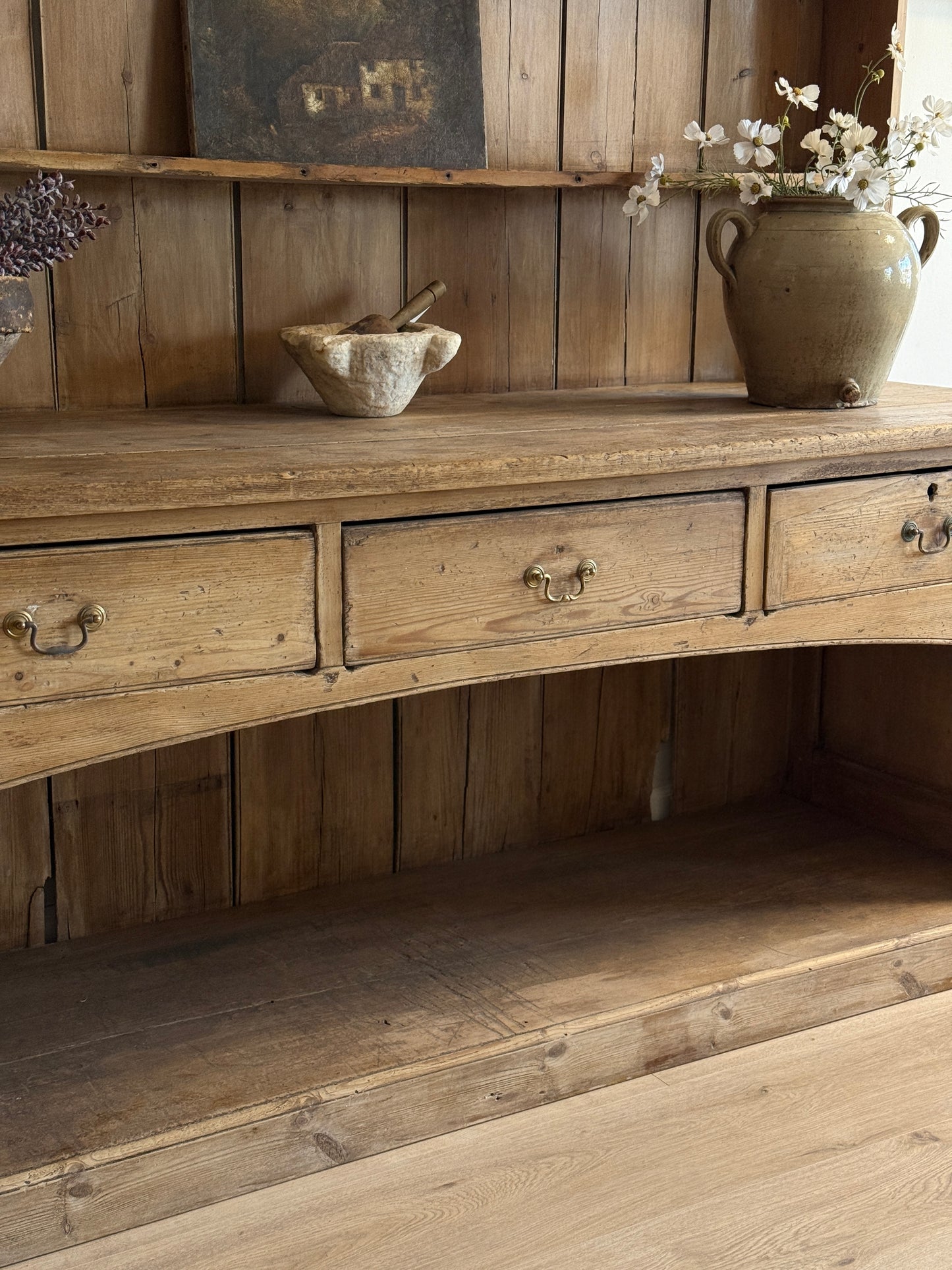 Large Antique English Pine Stepback Hutch
