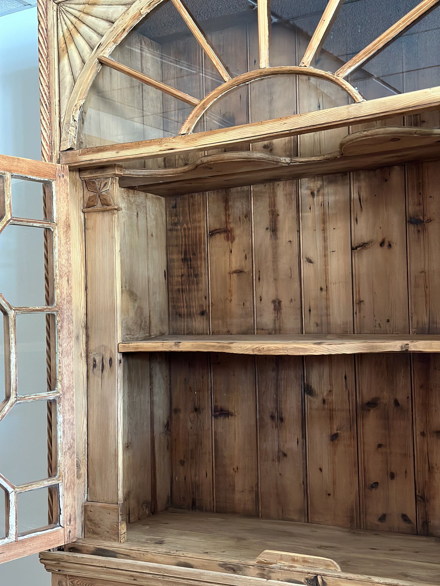 Antique English Pine Glass Cupboard/Hutch