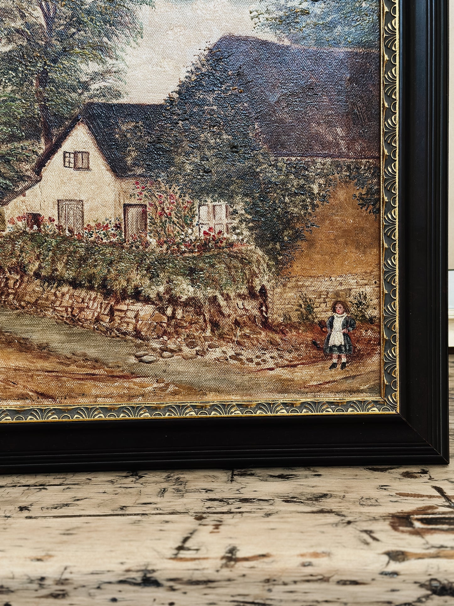 Original Antique European Oil Painting, Cottage by Stream (1898)
