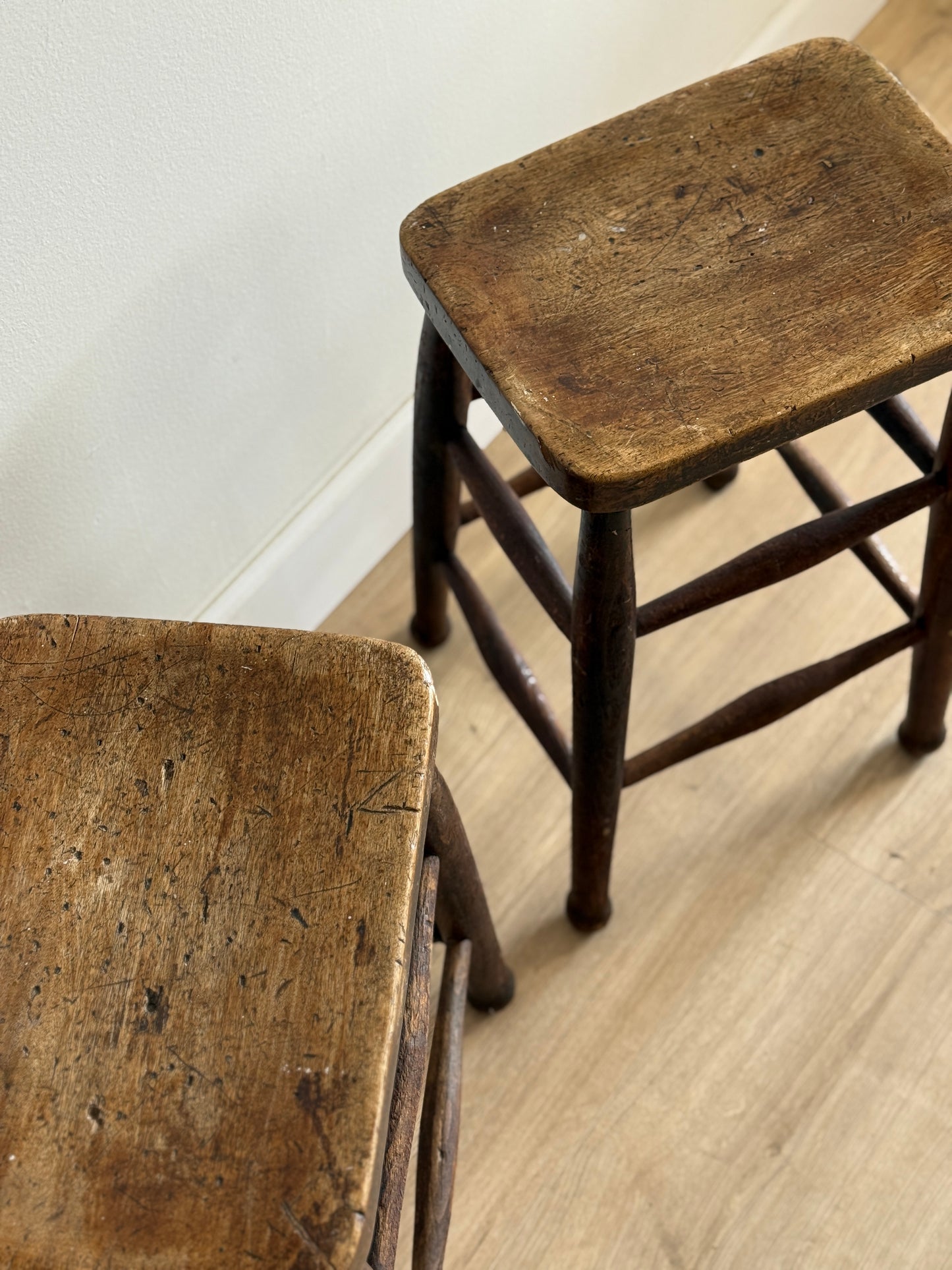 Set of Two Antique English Oak Stools (late 1800s)