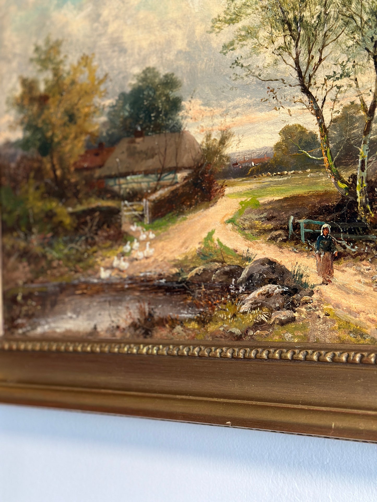 19th Century Original British Oil Painting, Geese/Ducks by a Cottage Pond, Joseph Thors