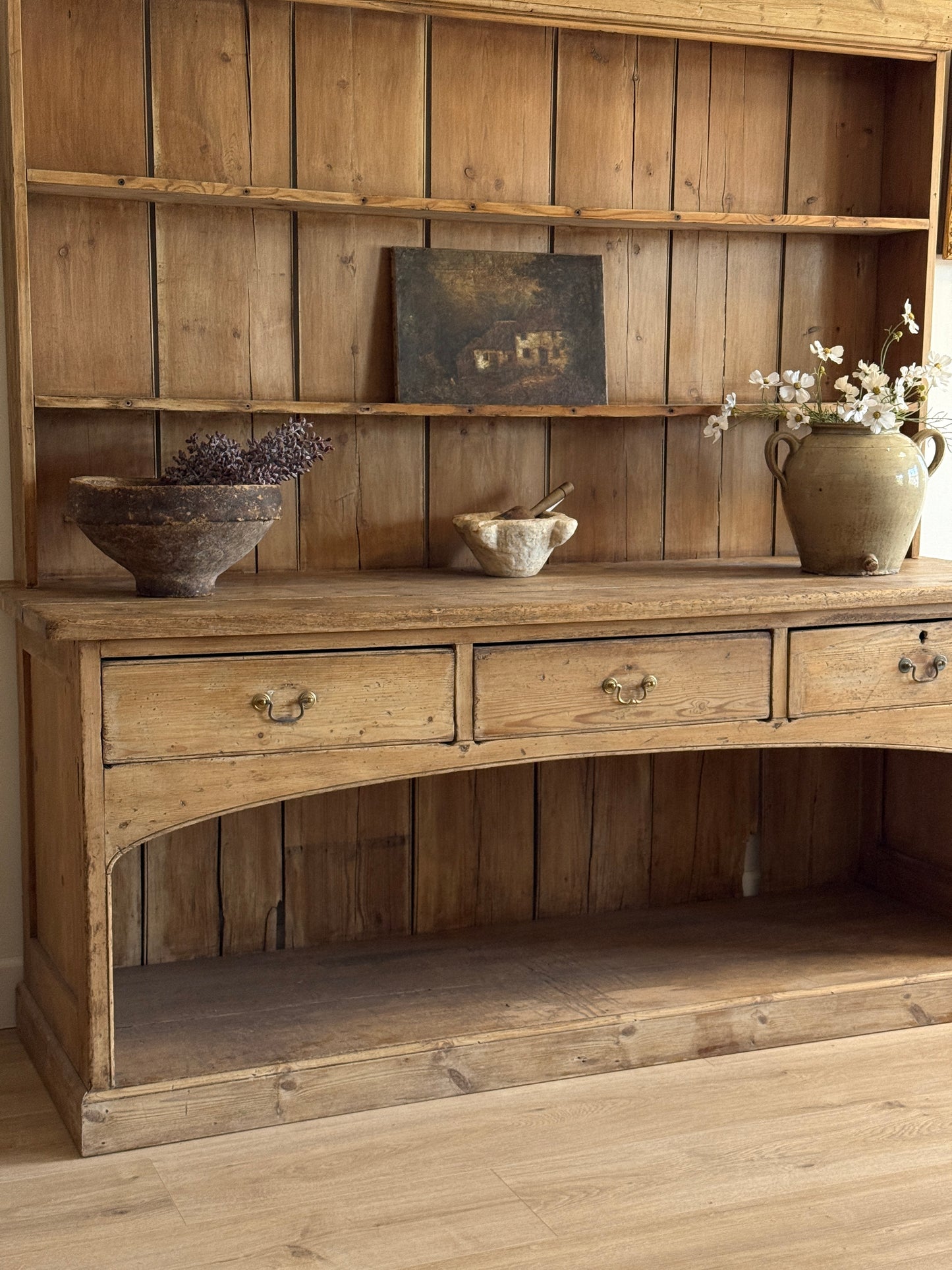Large Antique English Pine Stepback Hutch