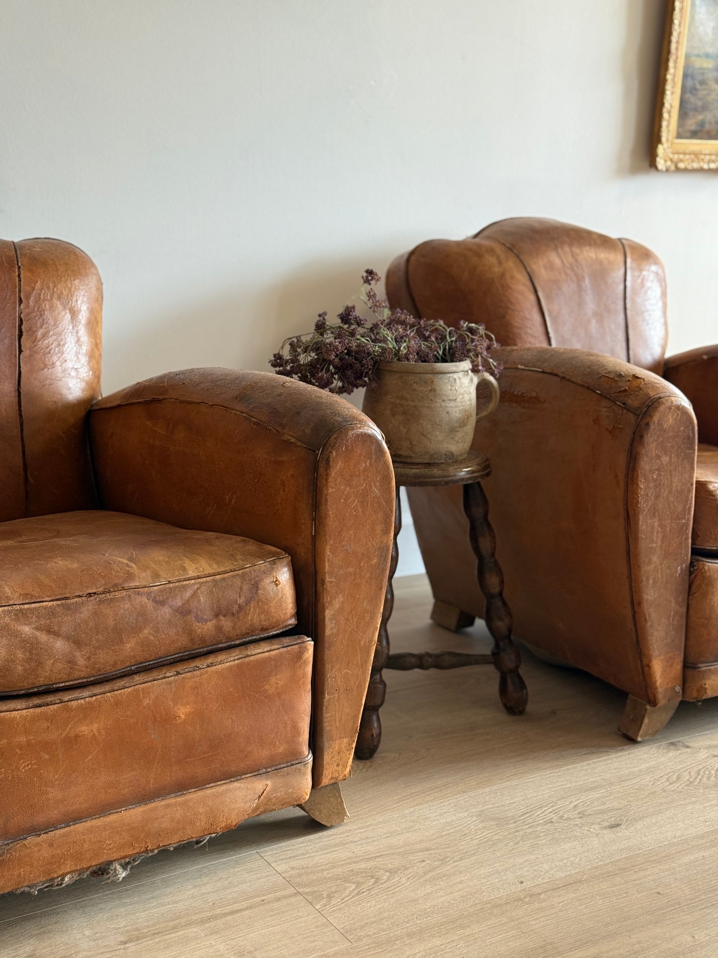 Pair of Antique French Leather Moustache Chairs (c.1920's)