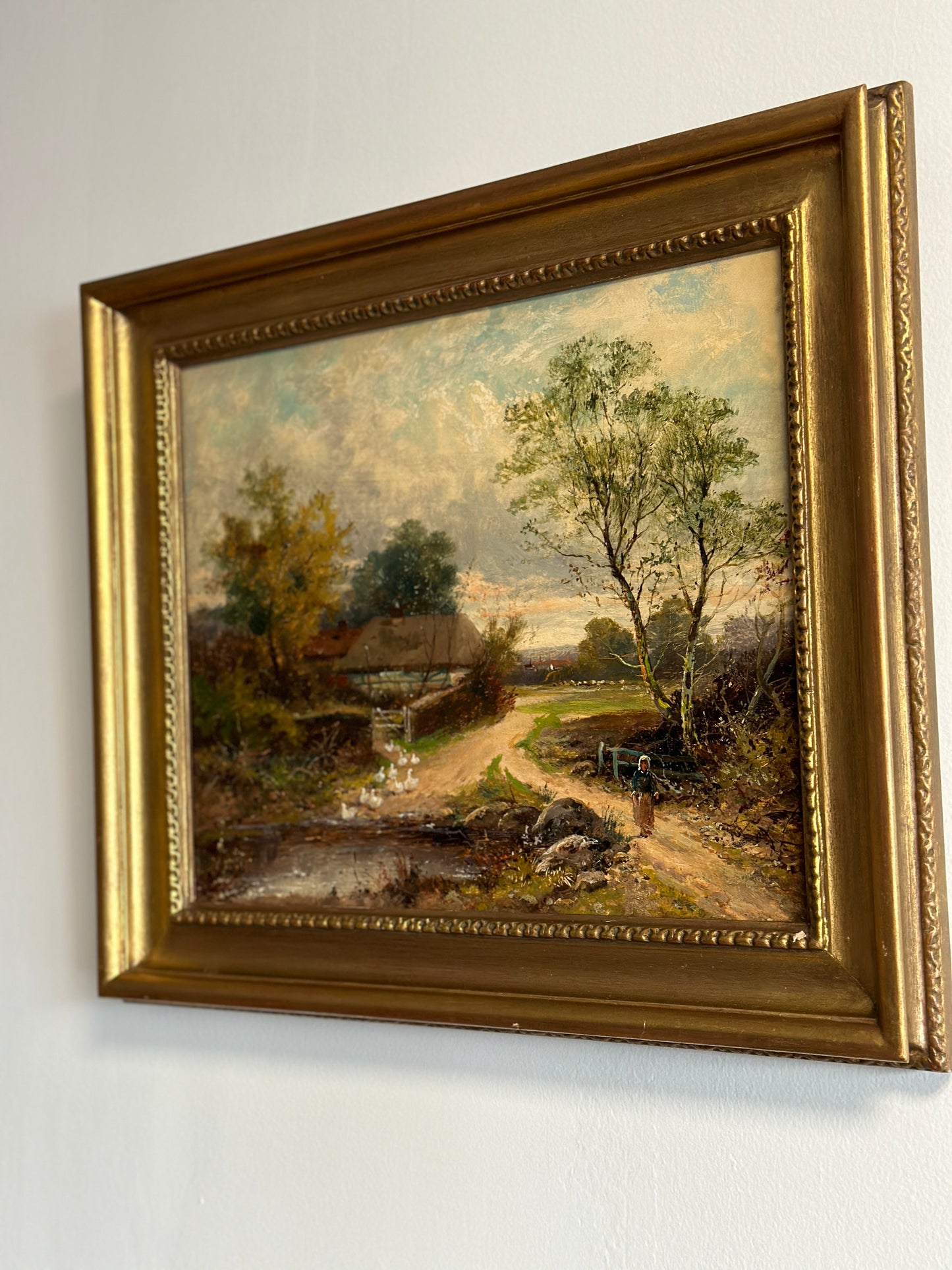 19th Century Original British Oil Painting, Geese/Ducks by a Cottage Pond, Joseph Thors