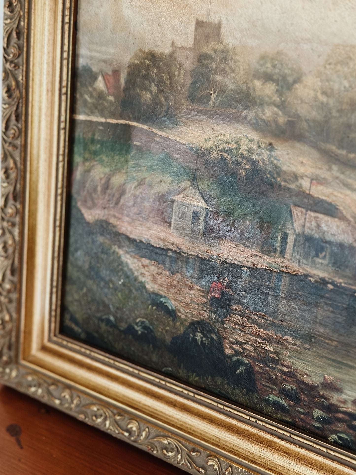 Original Antique Oil Painting, Moody River Landscape by Grant c.1891