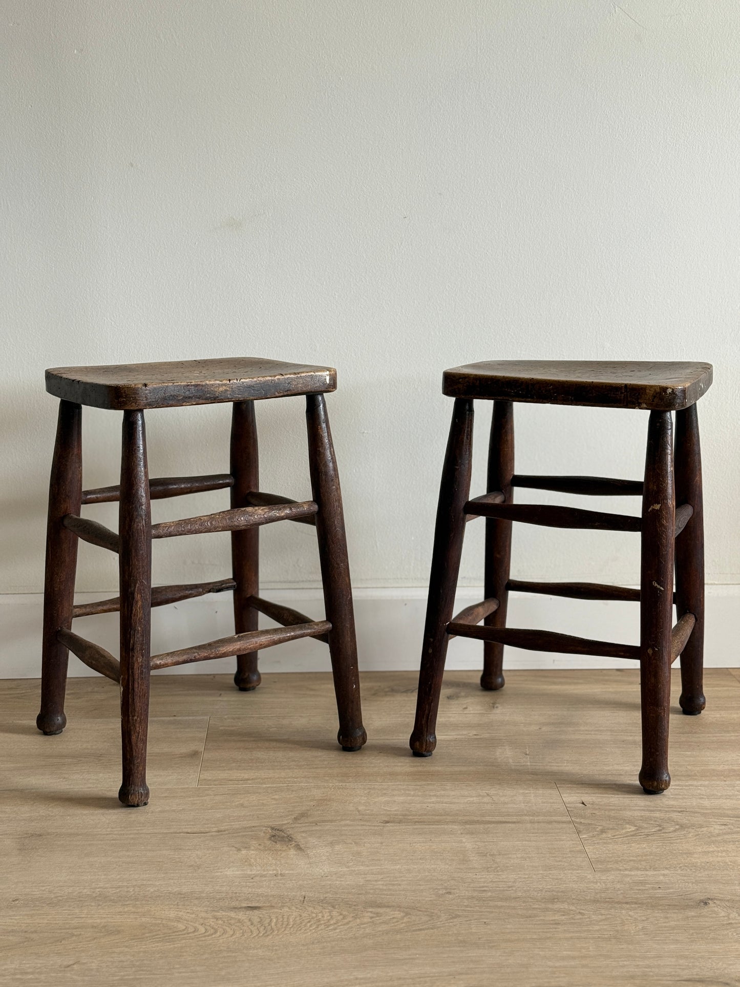 Set of Two Antique English Oak Stools (late 1800s)