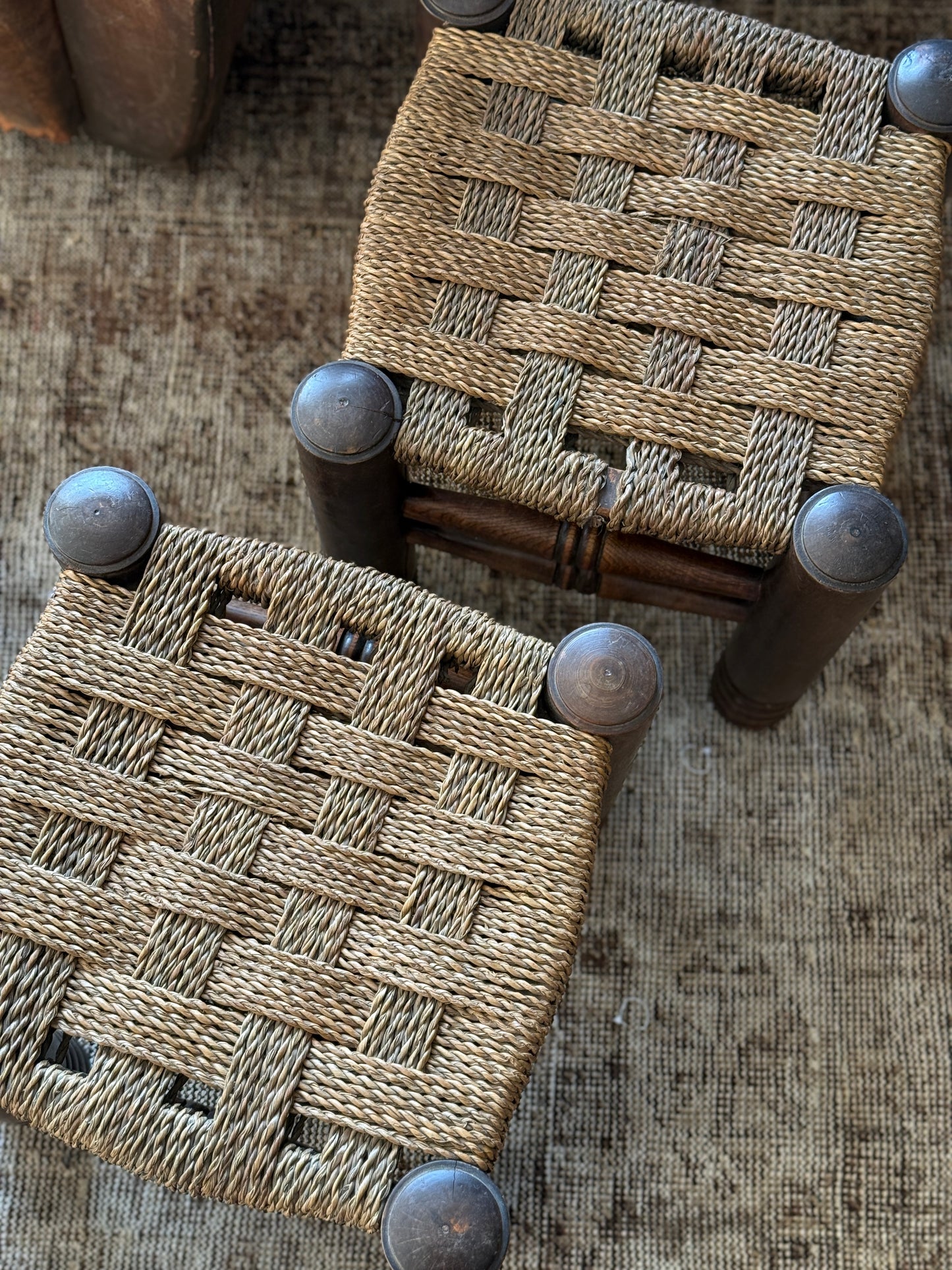 Pair of Charles Dudouyt Stools with Woven Rush Seats