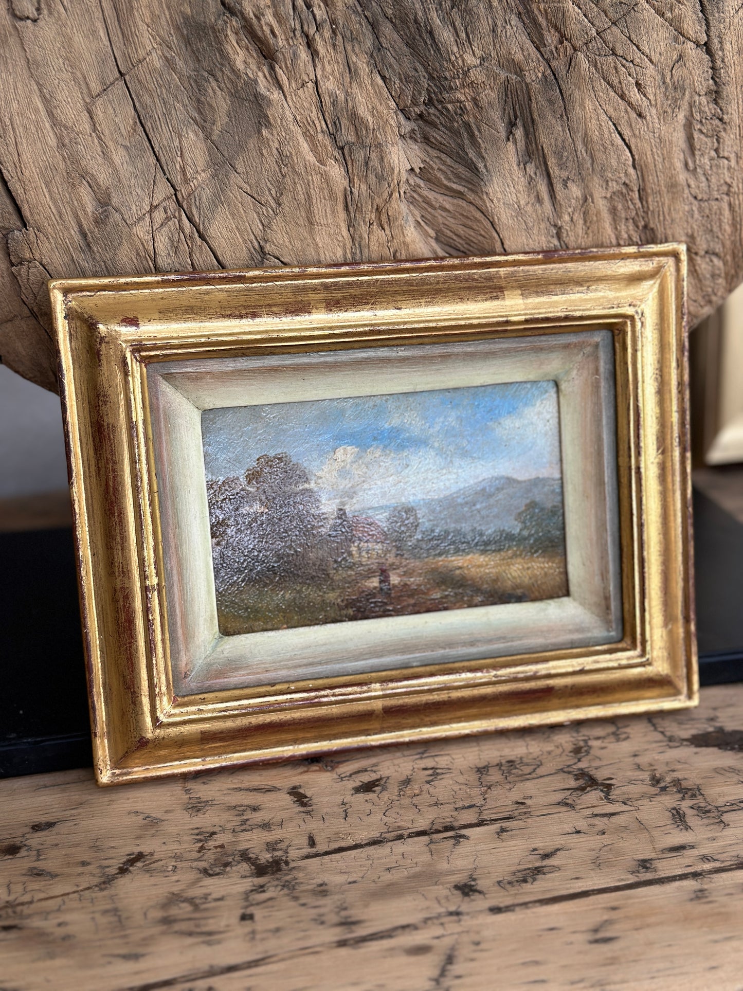 Antique European Oil Painting, Mountain Cottage Landscape
