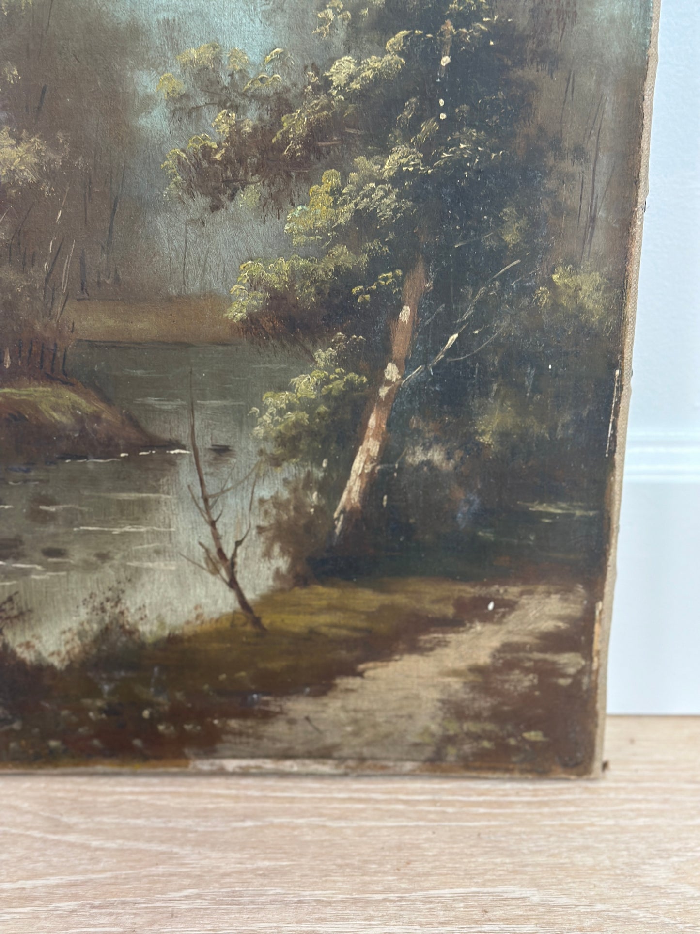 Antique European Oil Painting on Canvas, Country River Scene