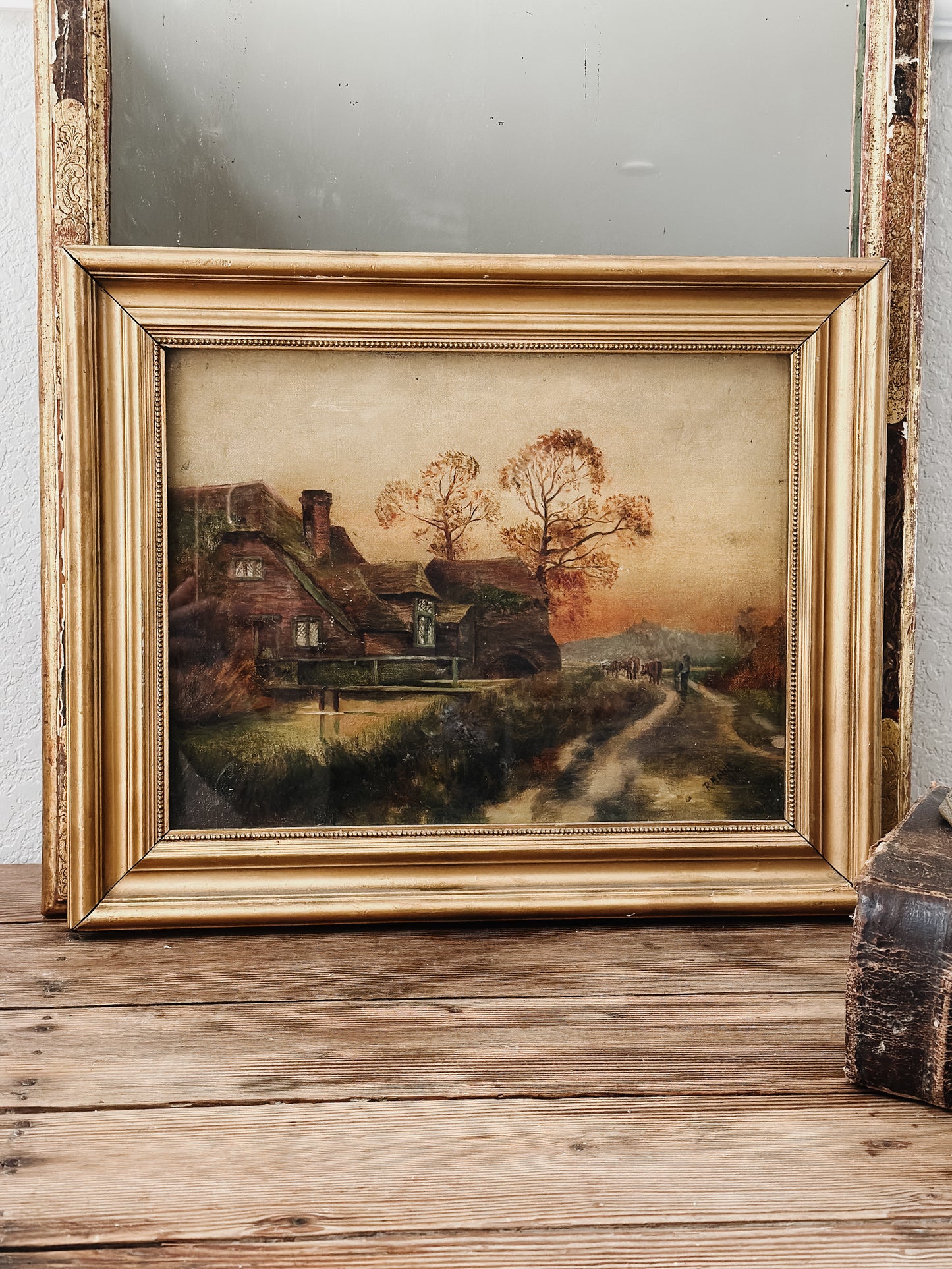 Original Antique European Oil Painting, Rural Cottage Scene by R.Nolde