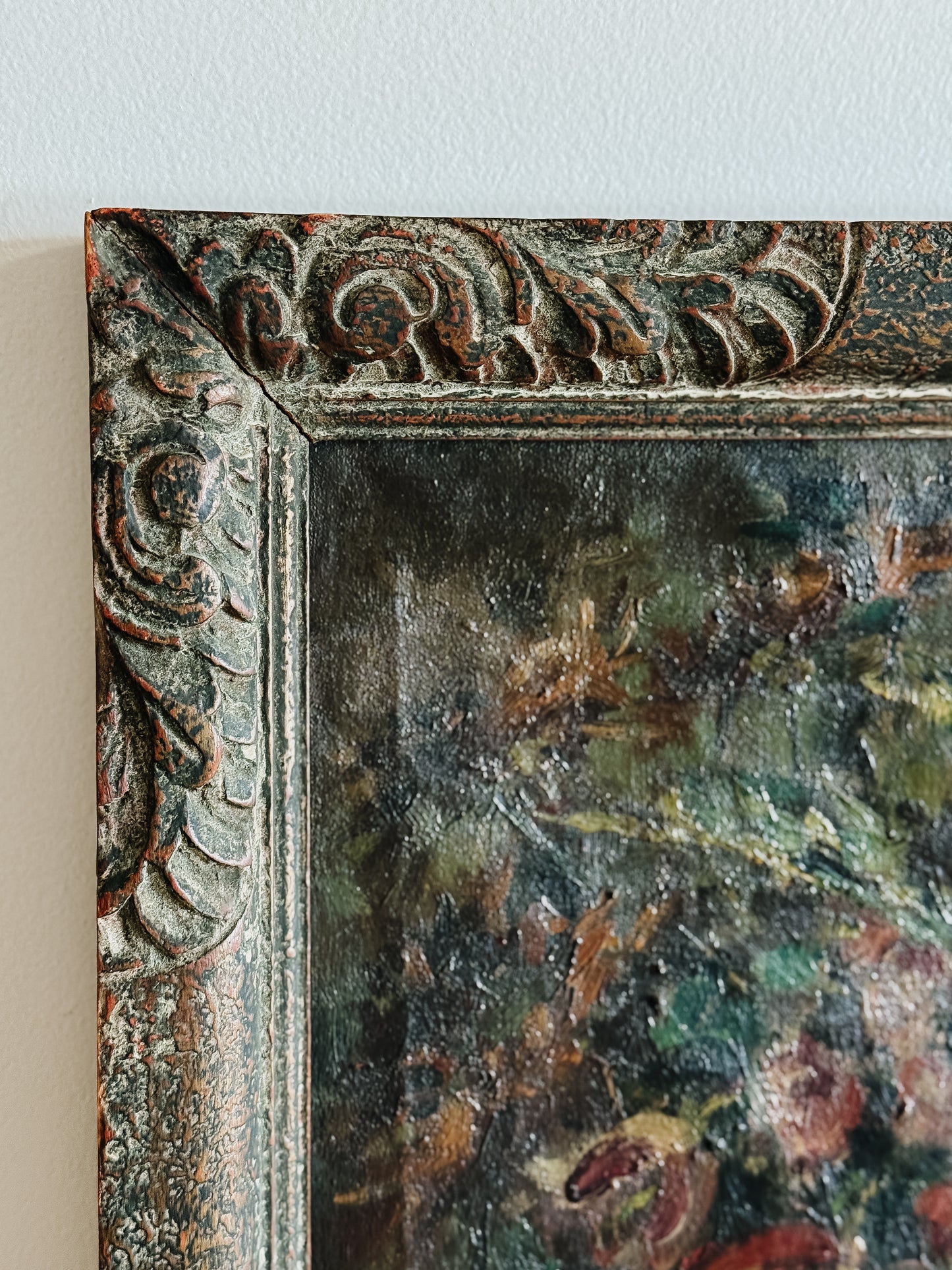 Antique Belgian Oil Painting, Moody Florals (1920)