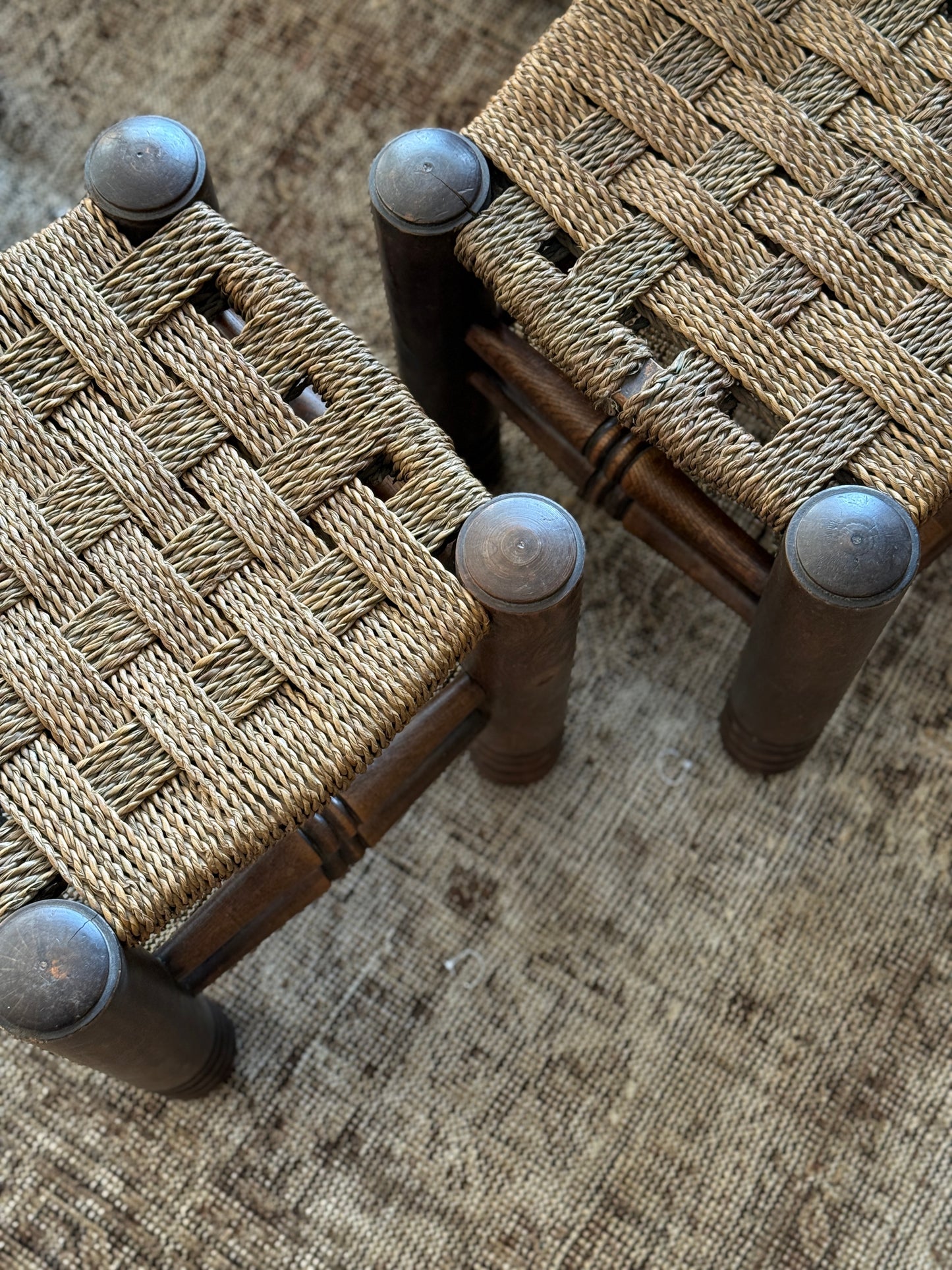 Pair of Charles Dudouyt Stools with Woven Rush Seats