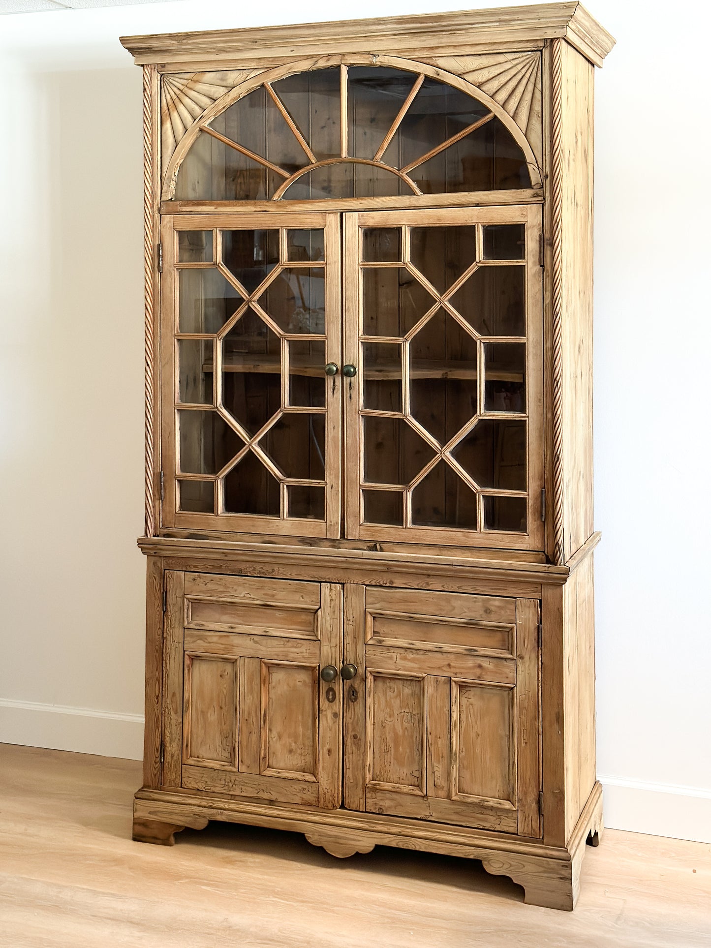 Antique English Pine Glass Cupboard/Hutch