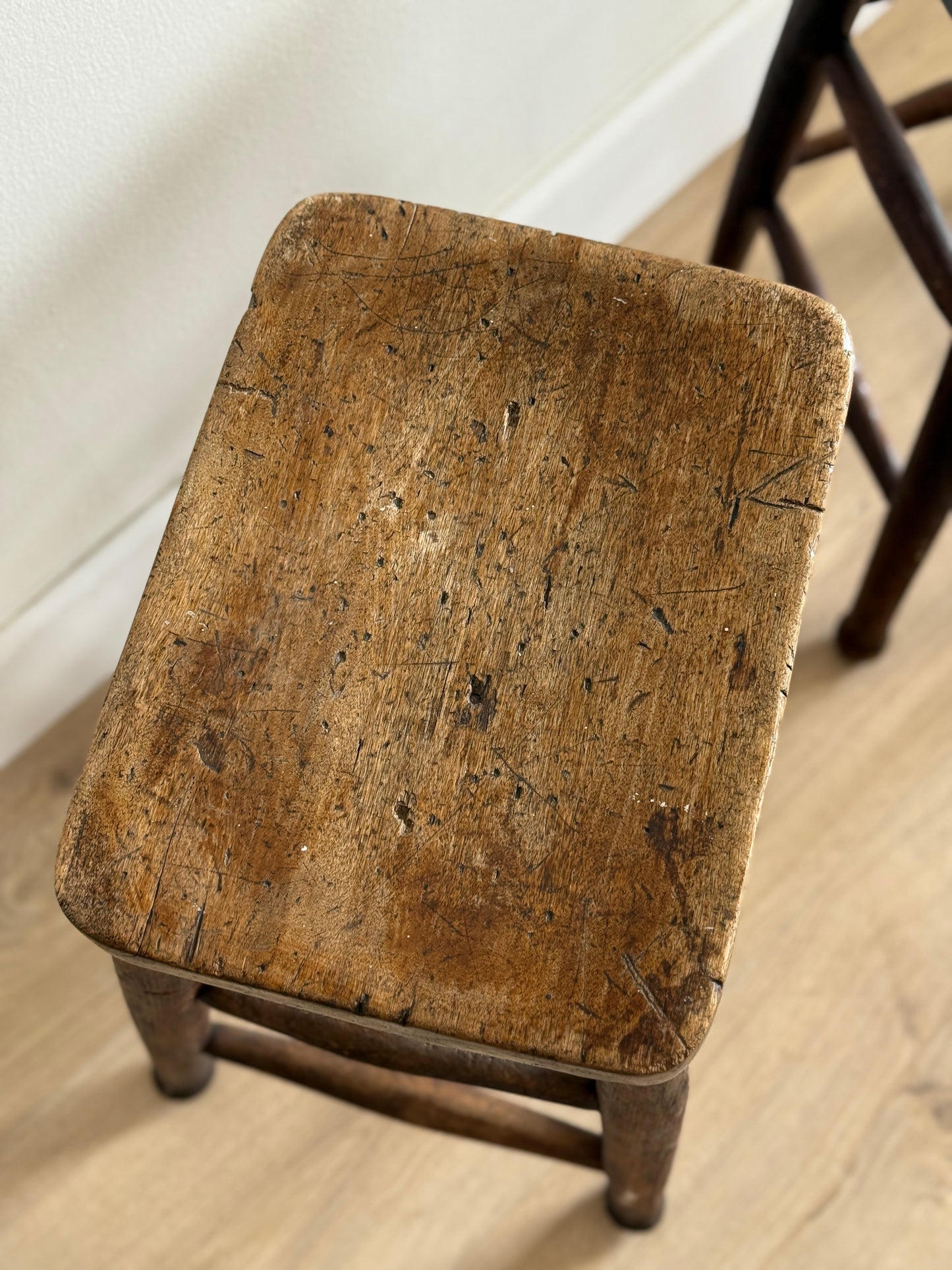 Set of Two Antique English Oak Stools (late 1800s)