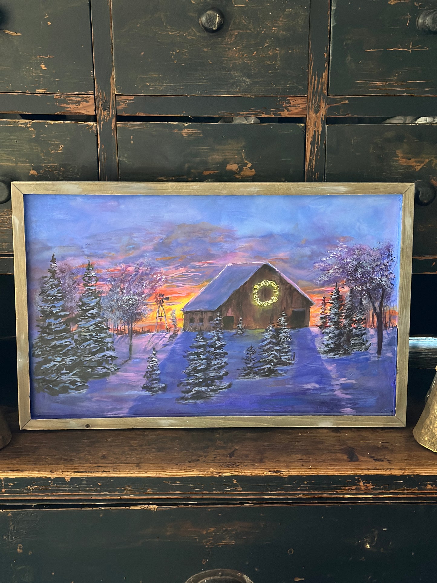 Vintage Framed Original Winter Christmas Cabin Painting, Signed Tom Voxx