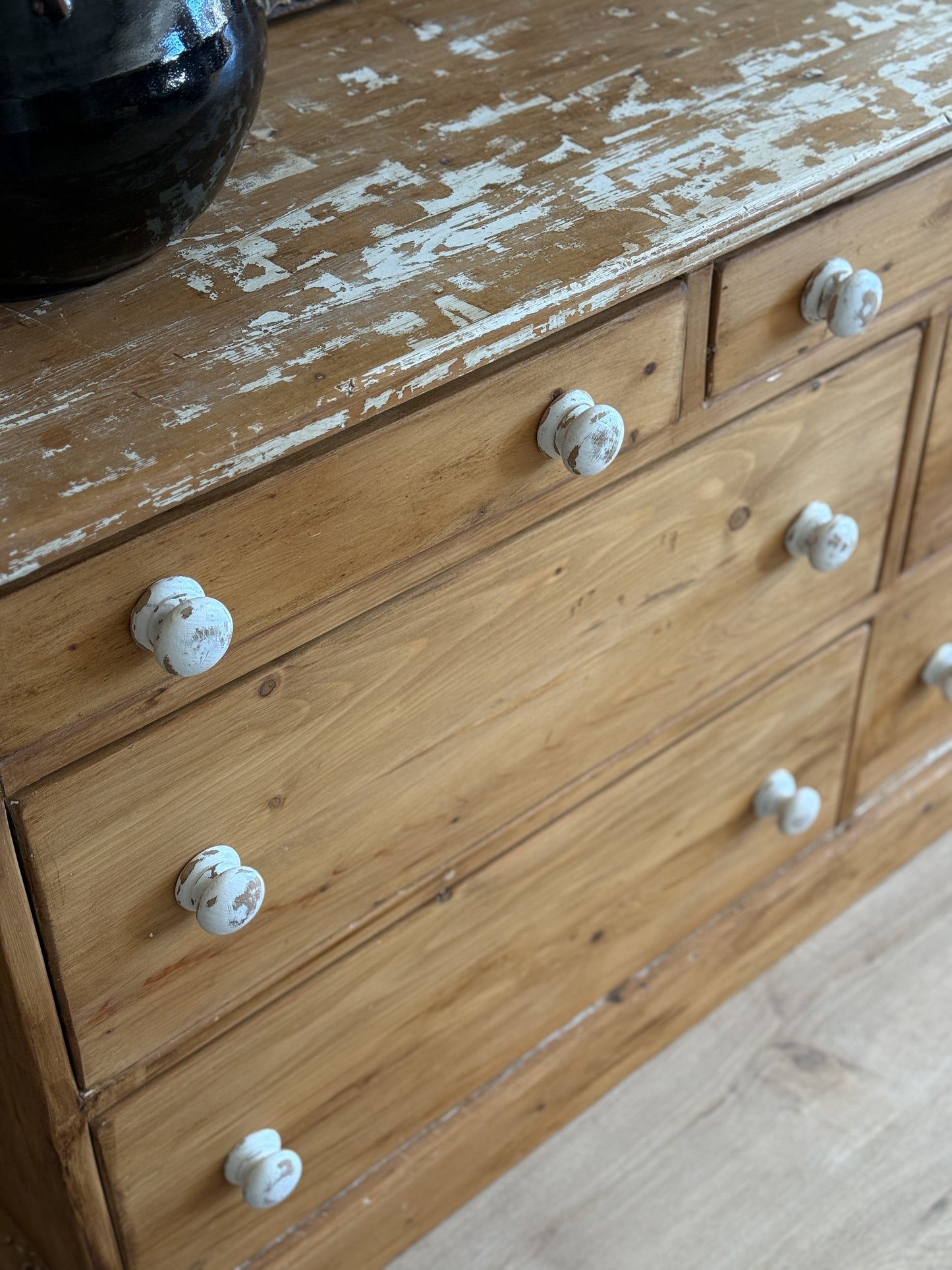Antique English Pine Bank of Seven Drawers/Sideboard