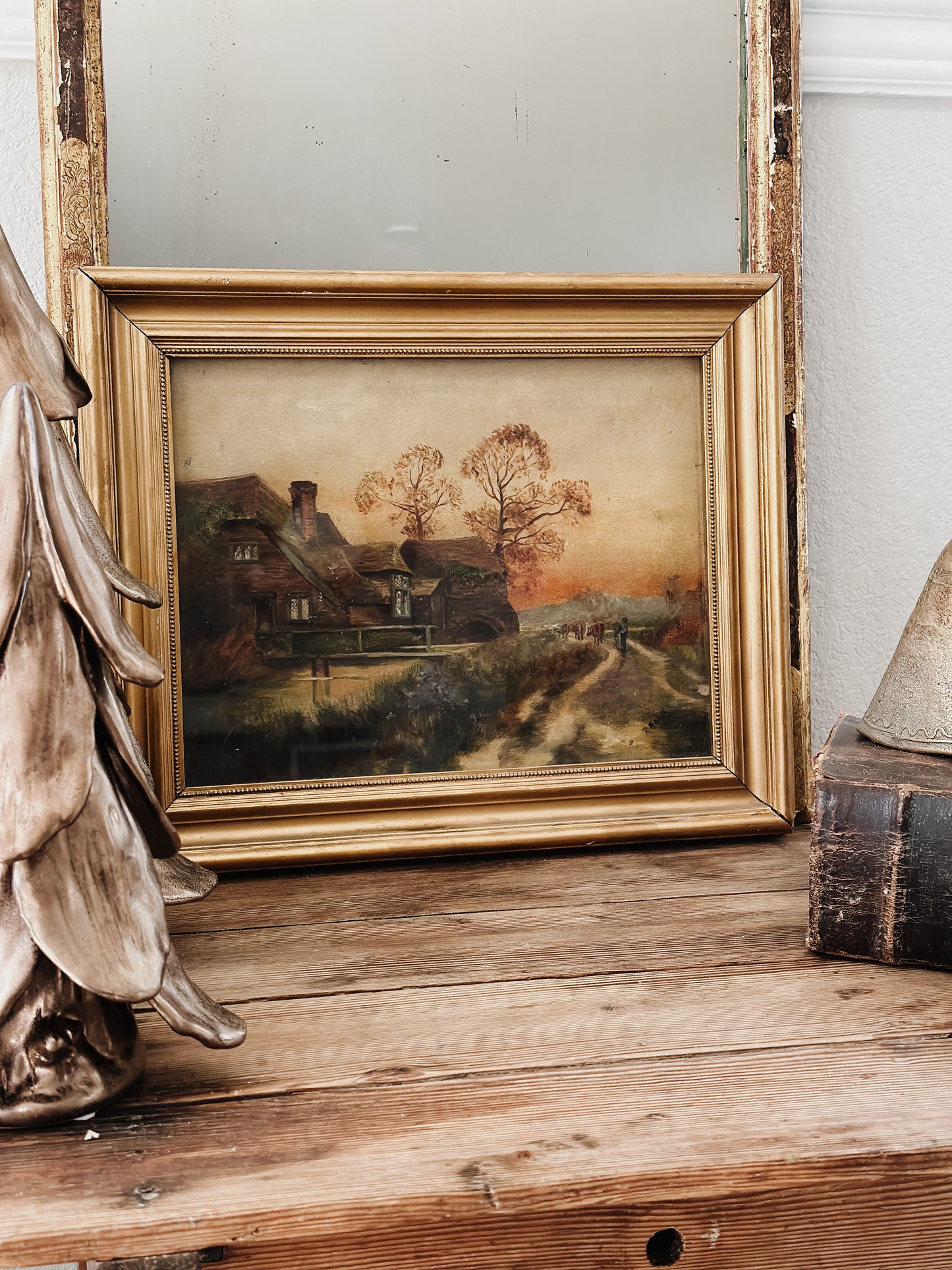 Original Antique European Oil Painting, Rural Cottage Scene by R.Nolde