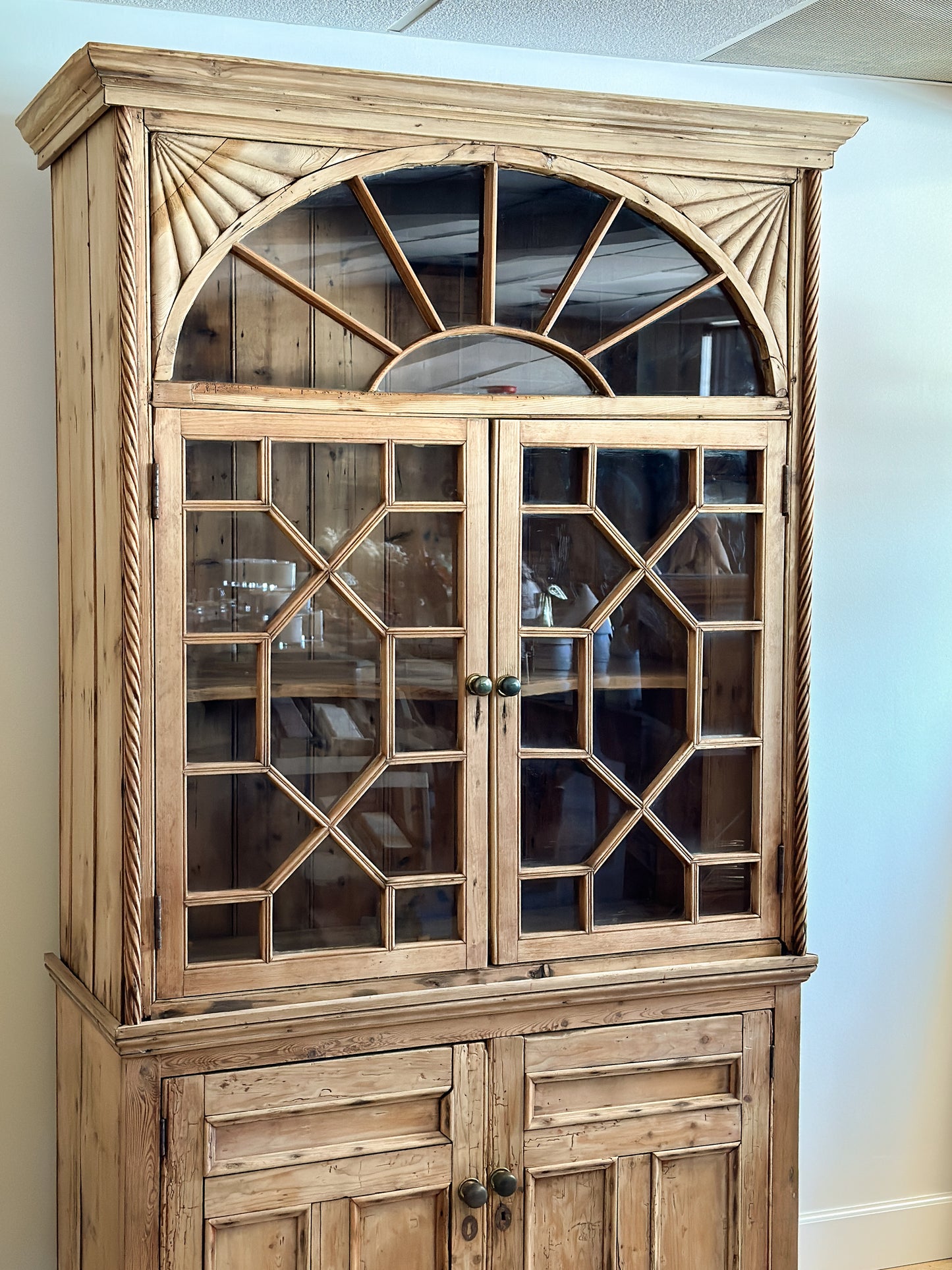 Antique English Pine Glass Cupboard/Hutch