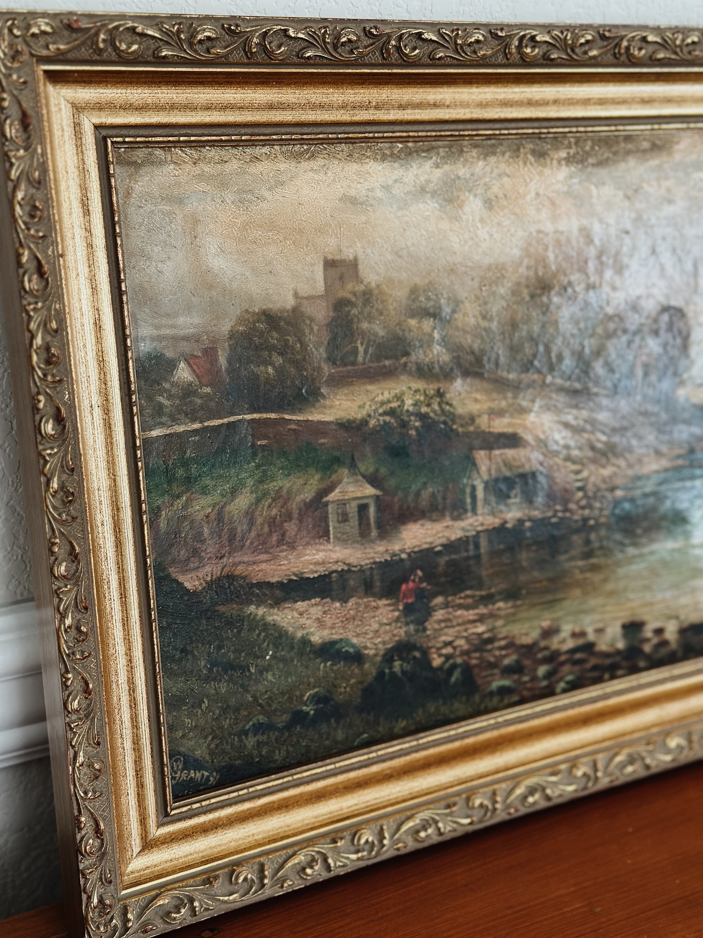 Original Antique Oil Painting, Moody River Landscape by Grant c.1891