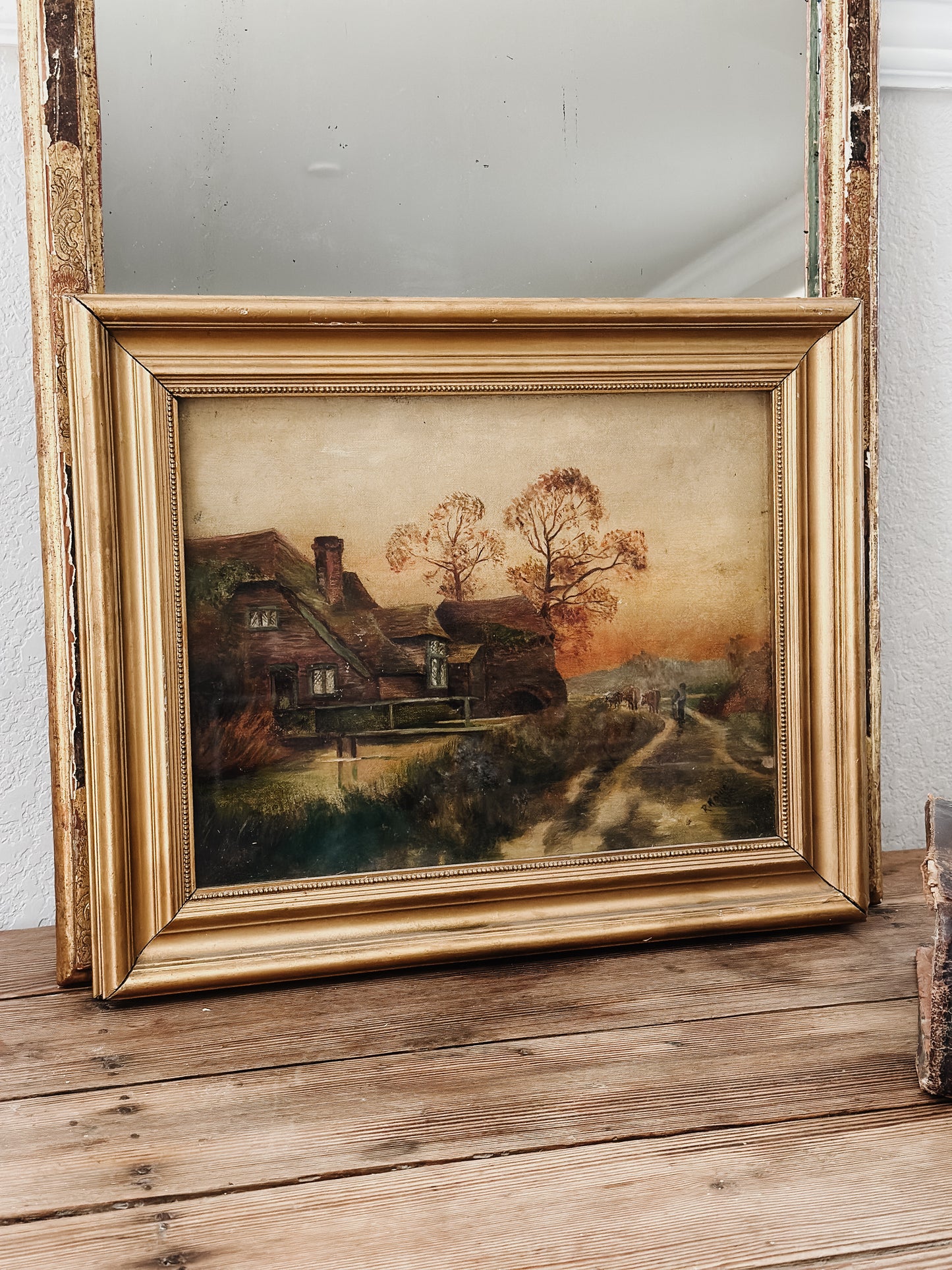 Original Antique European Oil Painting, Rural Cottage Scene by R.Nolde