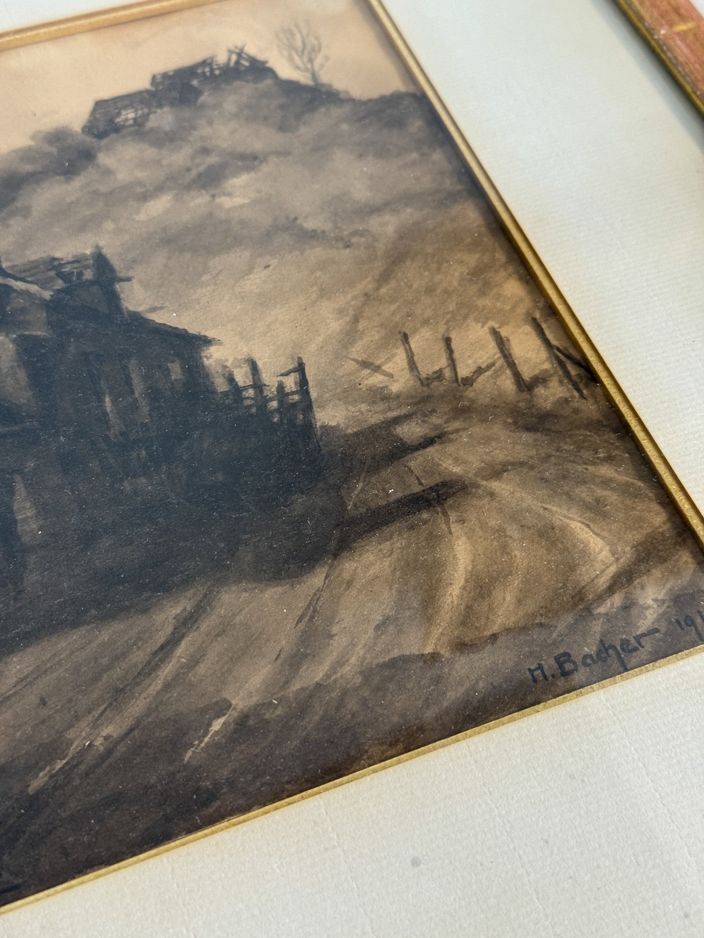 Antique Framed French Watercolor (c.1914)