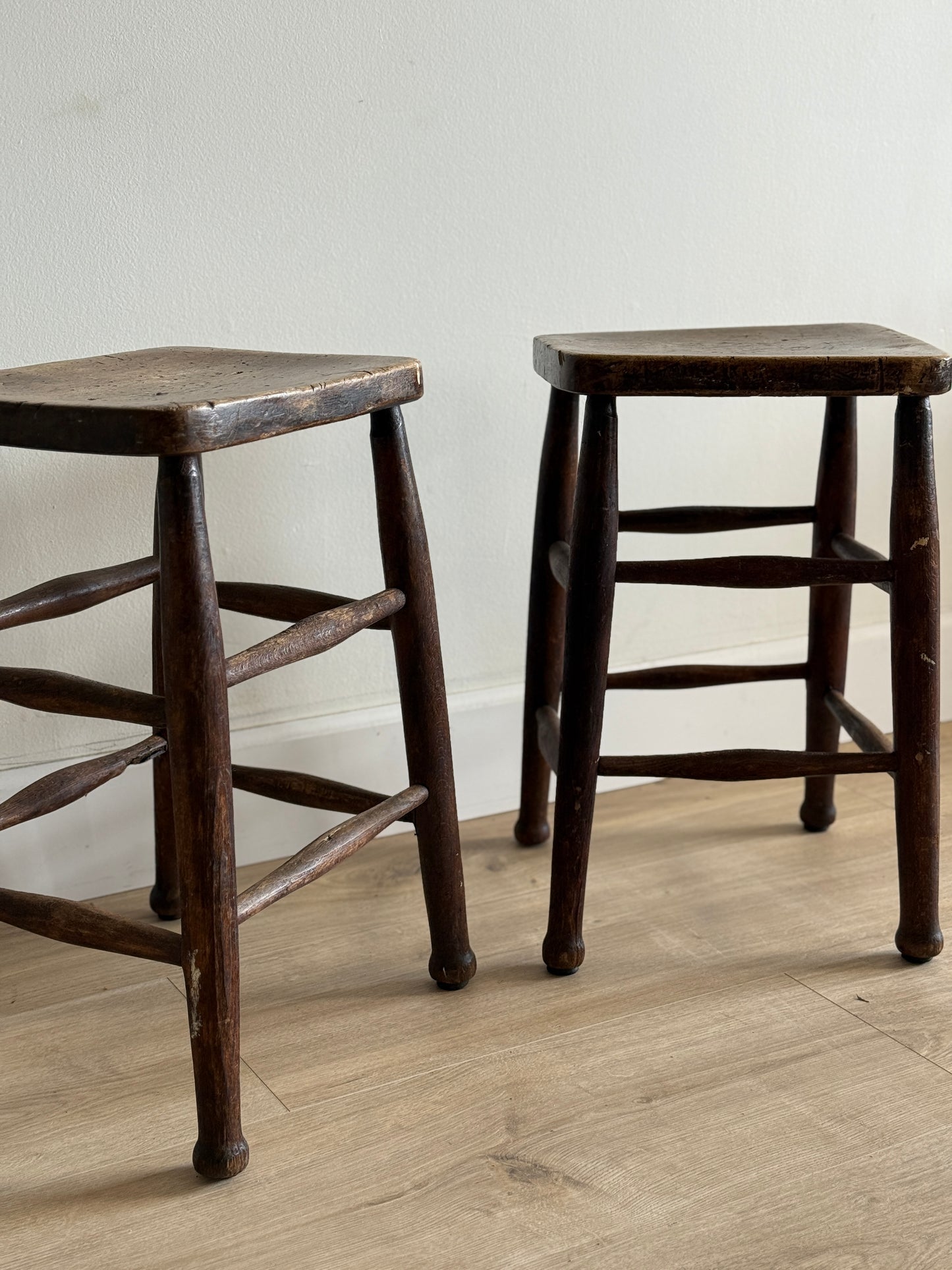 Set of Two Antique English Oak Stools (late 1800s)
